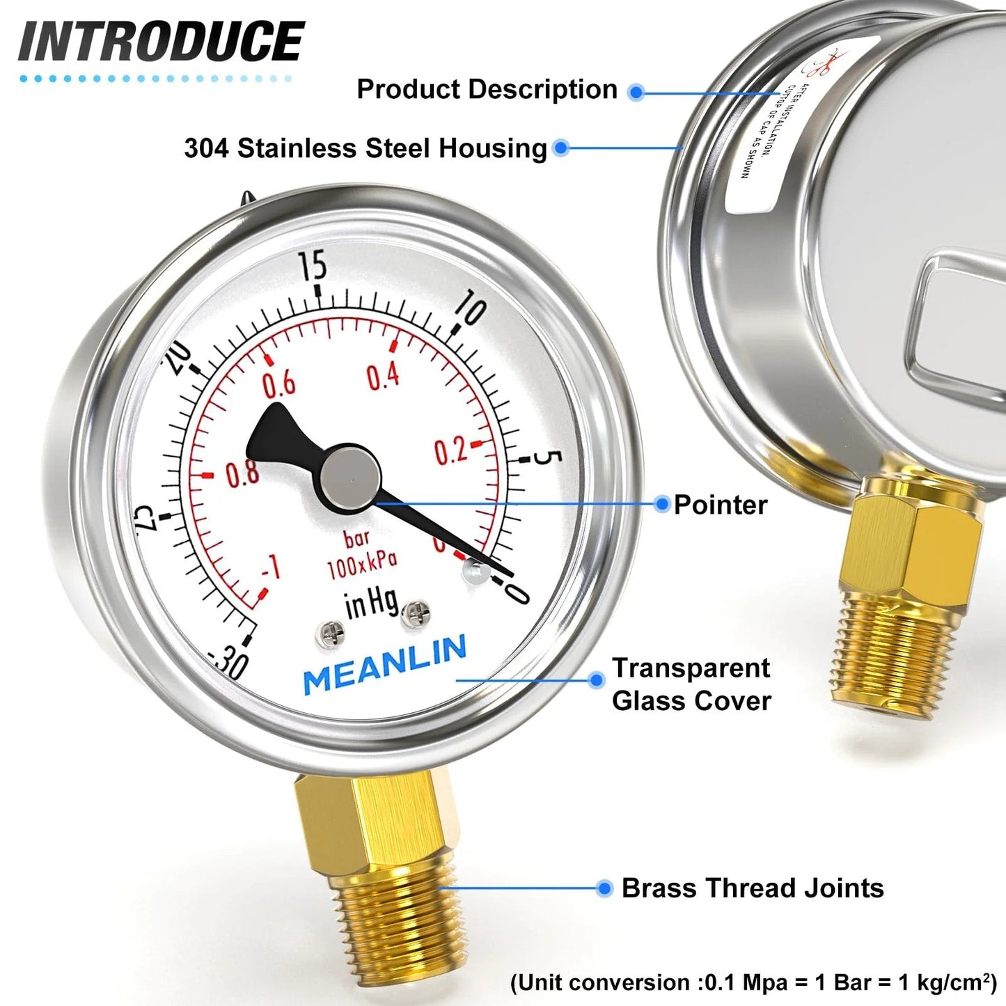 Stainless Steel Dry Pressure Gauge One Quarter Inch NPT Two Inch Dial Lower Mount for negative pressure, 2 inch dial, brass threads.