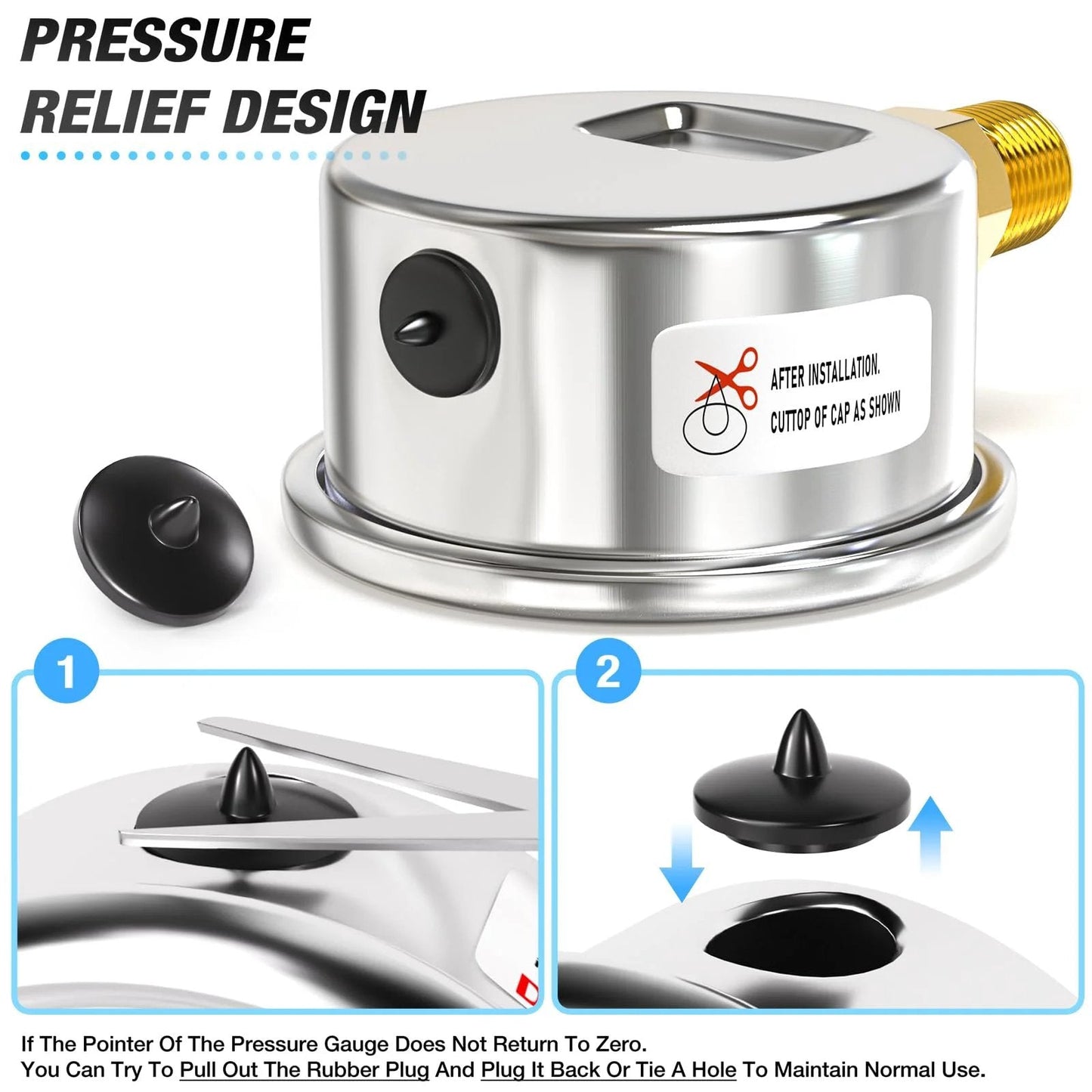 Stainless Steel Dry Pressure Gauge One Quarter Inch NPT Two Inch Dial Lower Mount For Negative Pressure Up To Zero Psi And Down To Minus Thirty InHg waterproof with pressure relief design.