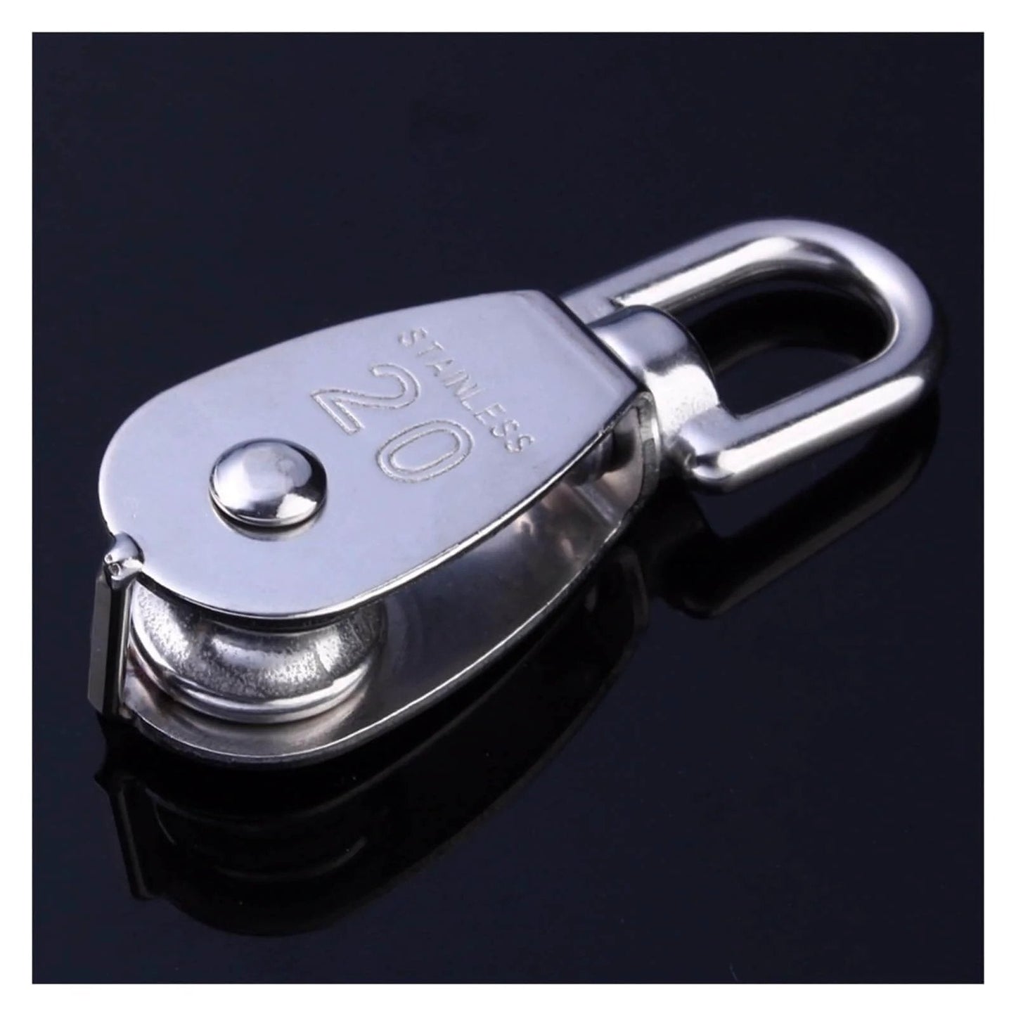 Stainless steel M20 single wheel pulley for wire rope hoisting, built with a 304 stainless steel body, 360 degree swivel wheel, 20mm pulley size.