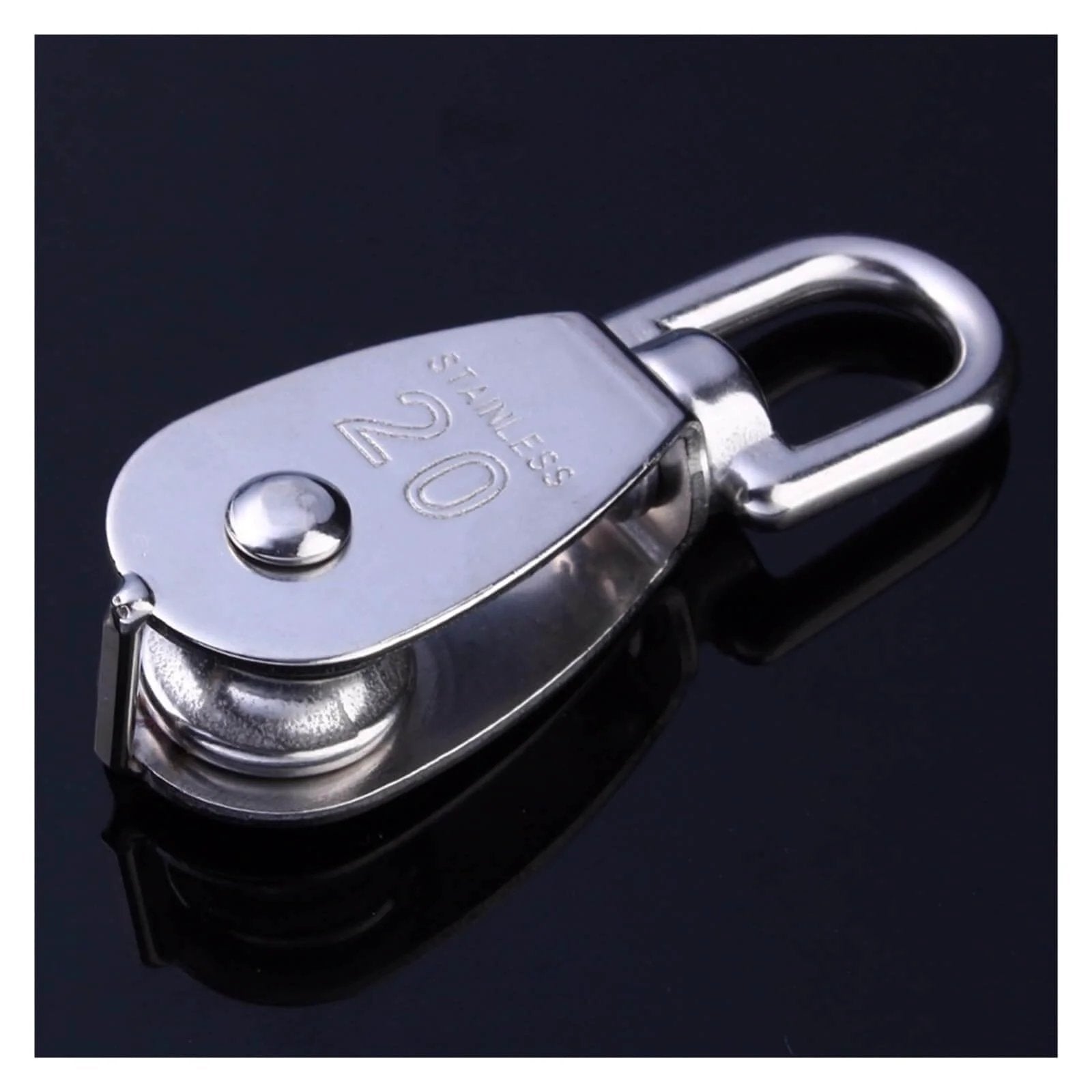 Stainless steel M20 single wheel pulley for wire rope hoisting, built with a 304 stainless steel body, 360 degree swivel wheel, 20mm pulley size.