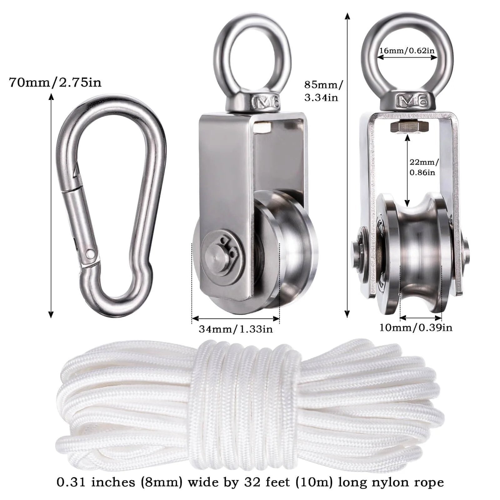 Cable Pulley Block Heavy Duty Stainless Steel, Bearing Inside with 32ft Nylon Rope and 1 Hook,Swivel Single Pulley Wheel,Good for Pulley Lifing System,Loading 551lb