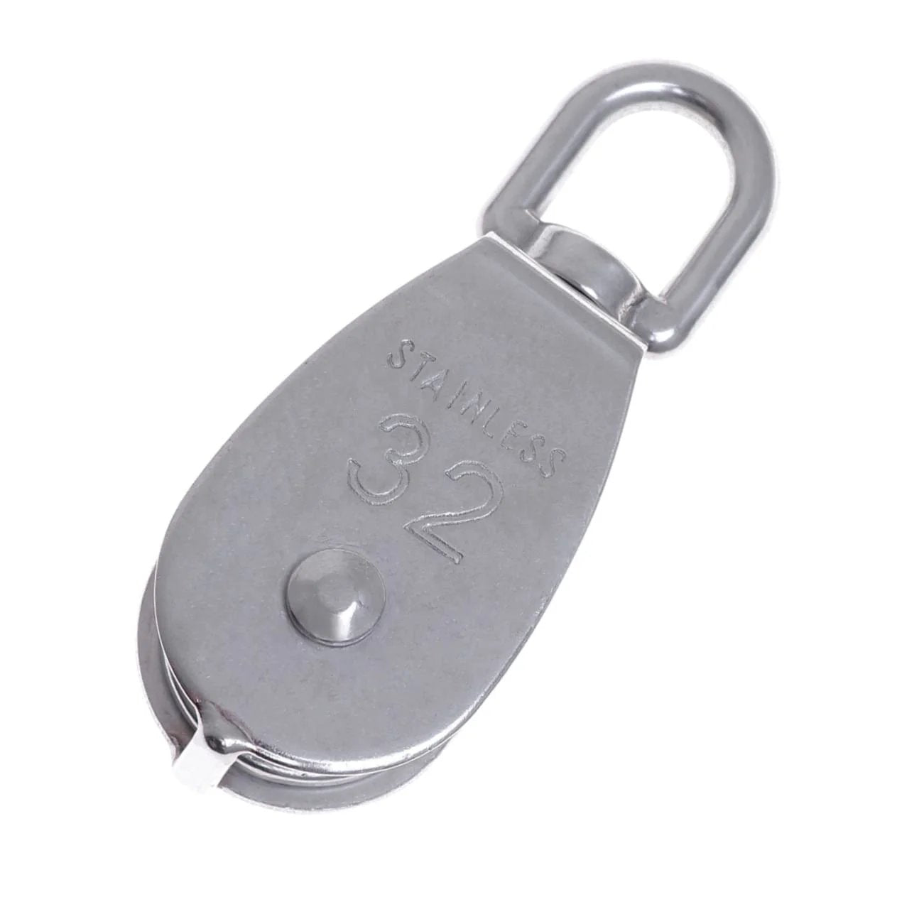 Close-up of 32mm Stainless Steel Single-Sheaved Pulley Roller Swivel Function Heavy Duty Wire Rope Pulley for Lifting Systems, showing front view.