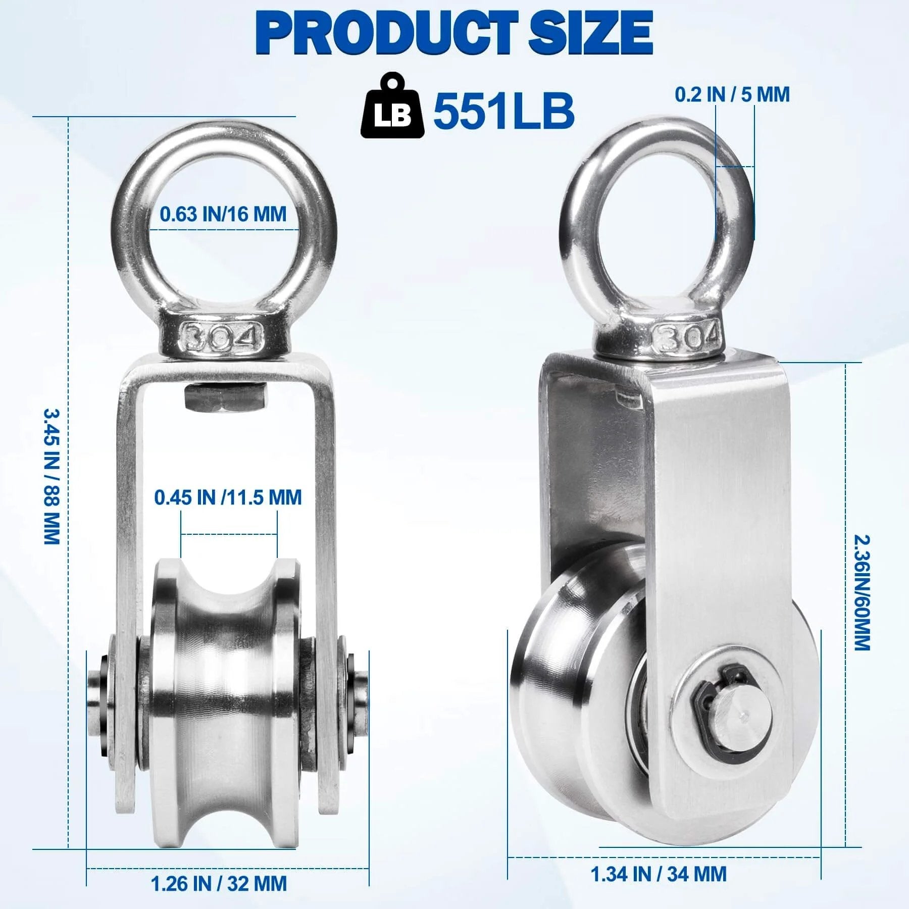 Front and side view of Cable Pulley Wheel Stainless Steel, M34 Single Pulley Snatch Block, detailed measurements shown, 551 lbs load