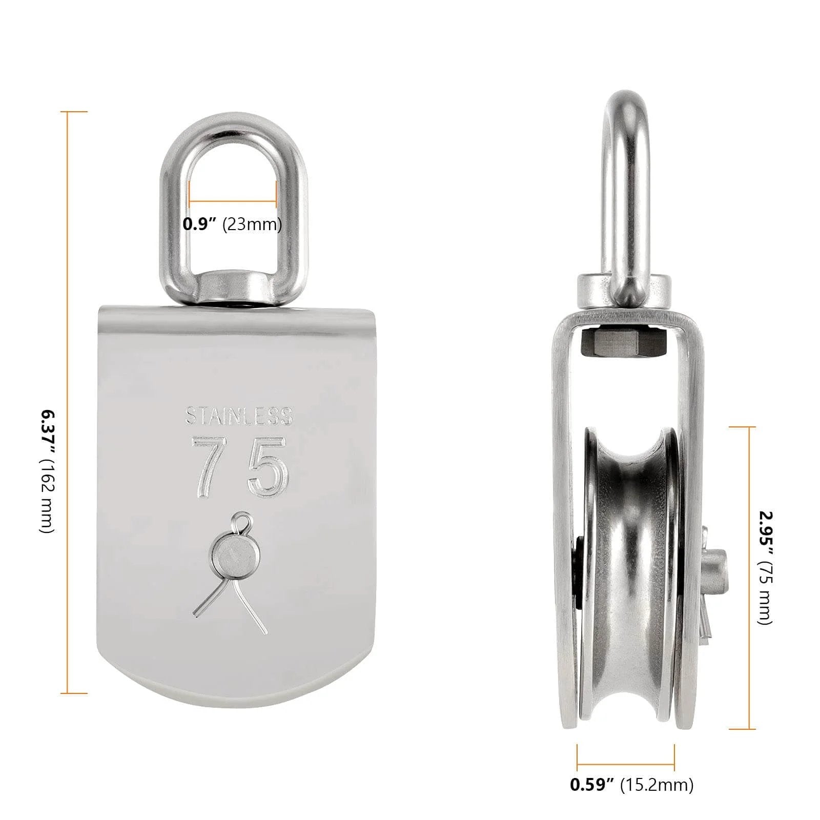 Front and side view of 2 Pack M75 Lifting Single Pulley Roller, 304 stainless steel, load capacity 1700 lbs, silver with measurements