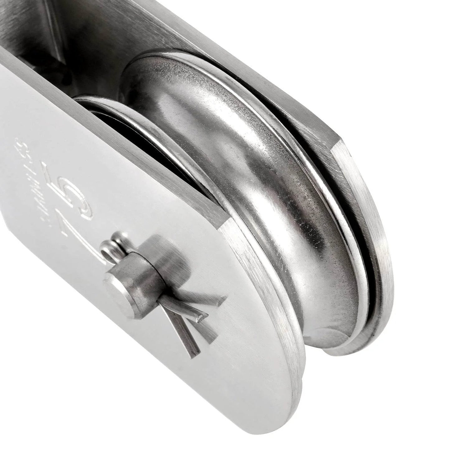Close-up of 2 Pack M75 Lifting Single Pulley Roller, 304 Stainless Steel, with visible wheel and pin, silver color.