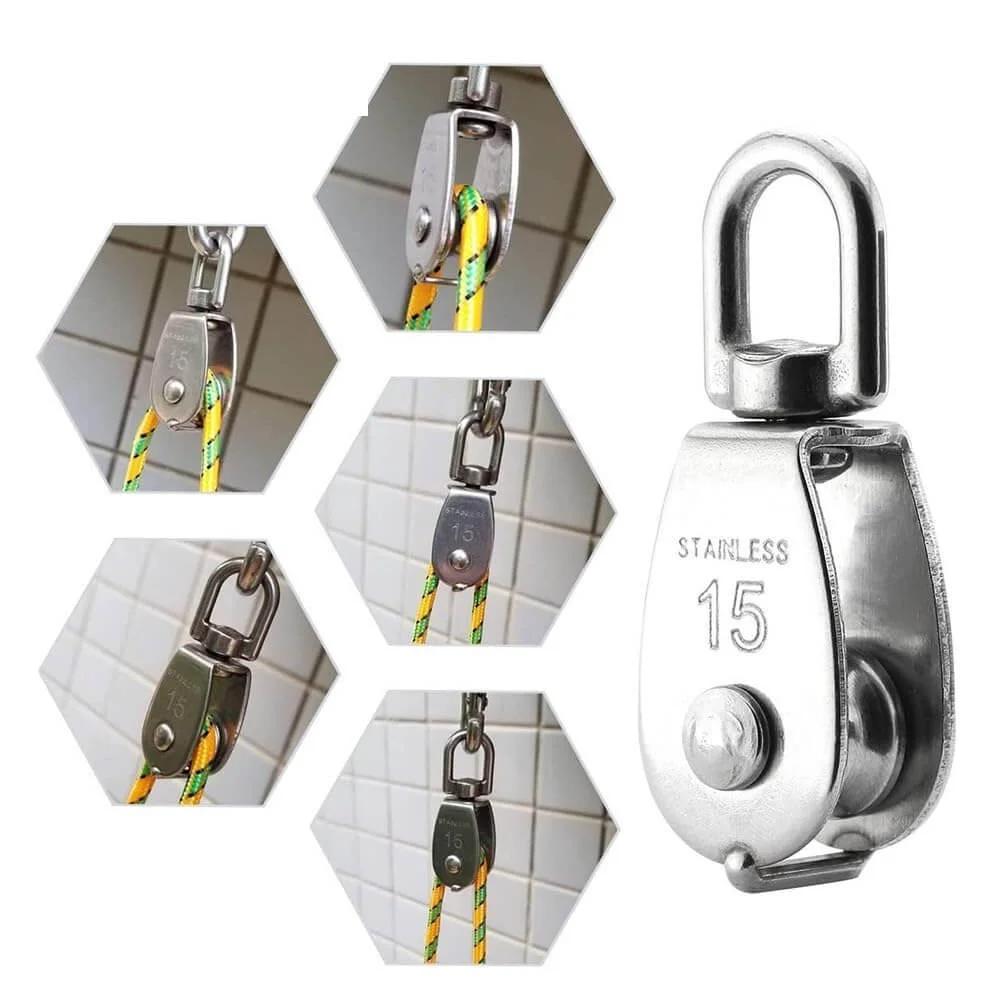 4-Pack Stainless Steel Wire Rope Crane Pulley Block M15 Crane Rotary Hook Single Pulley Block Suspension Line Traction Wheel(4pcs) close-up.
