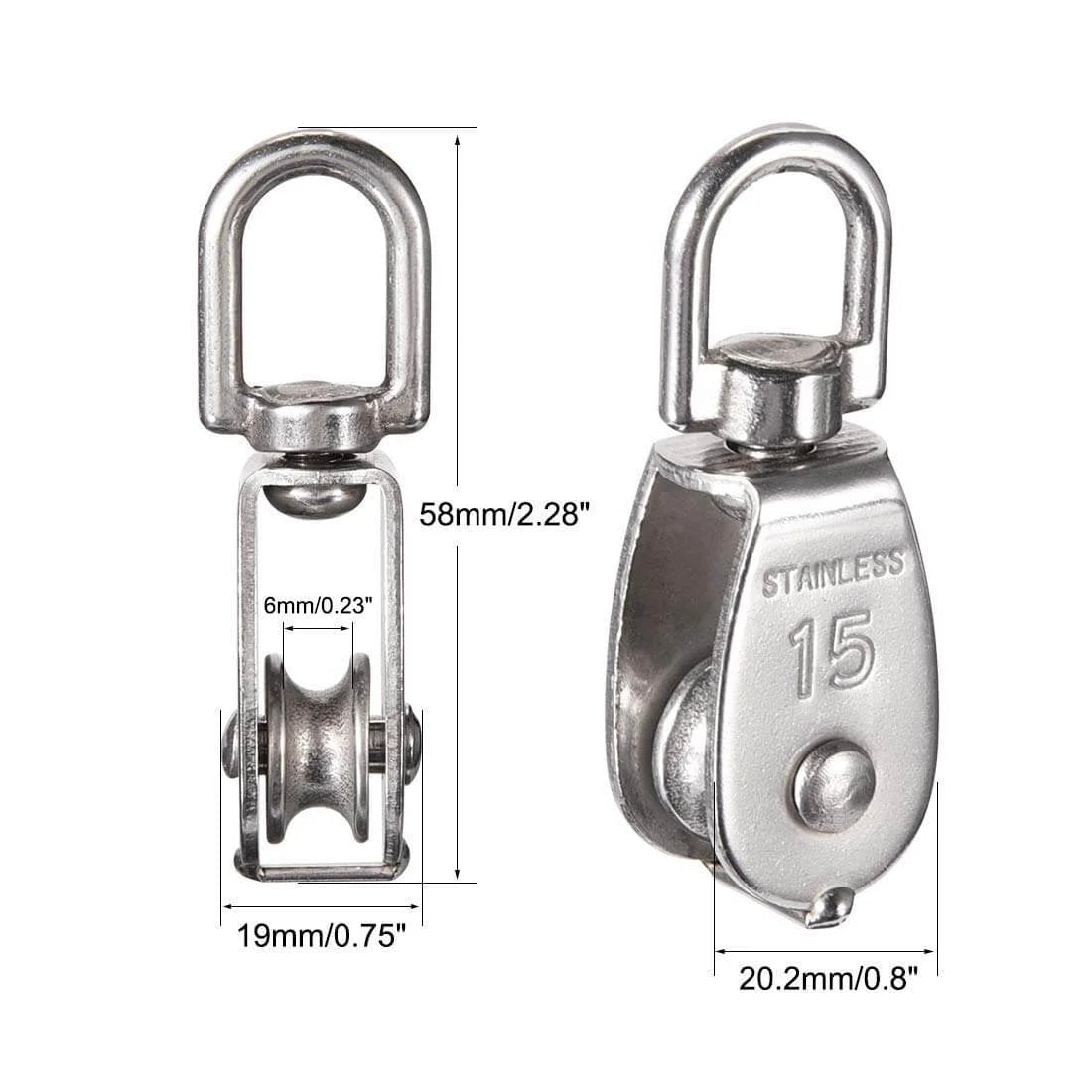 Stainless Steel Wire Rope Crane Pulley Block M15 Lifting Crane Swivel Hook Single Pulley Block with dimensions shown.