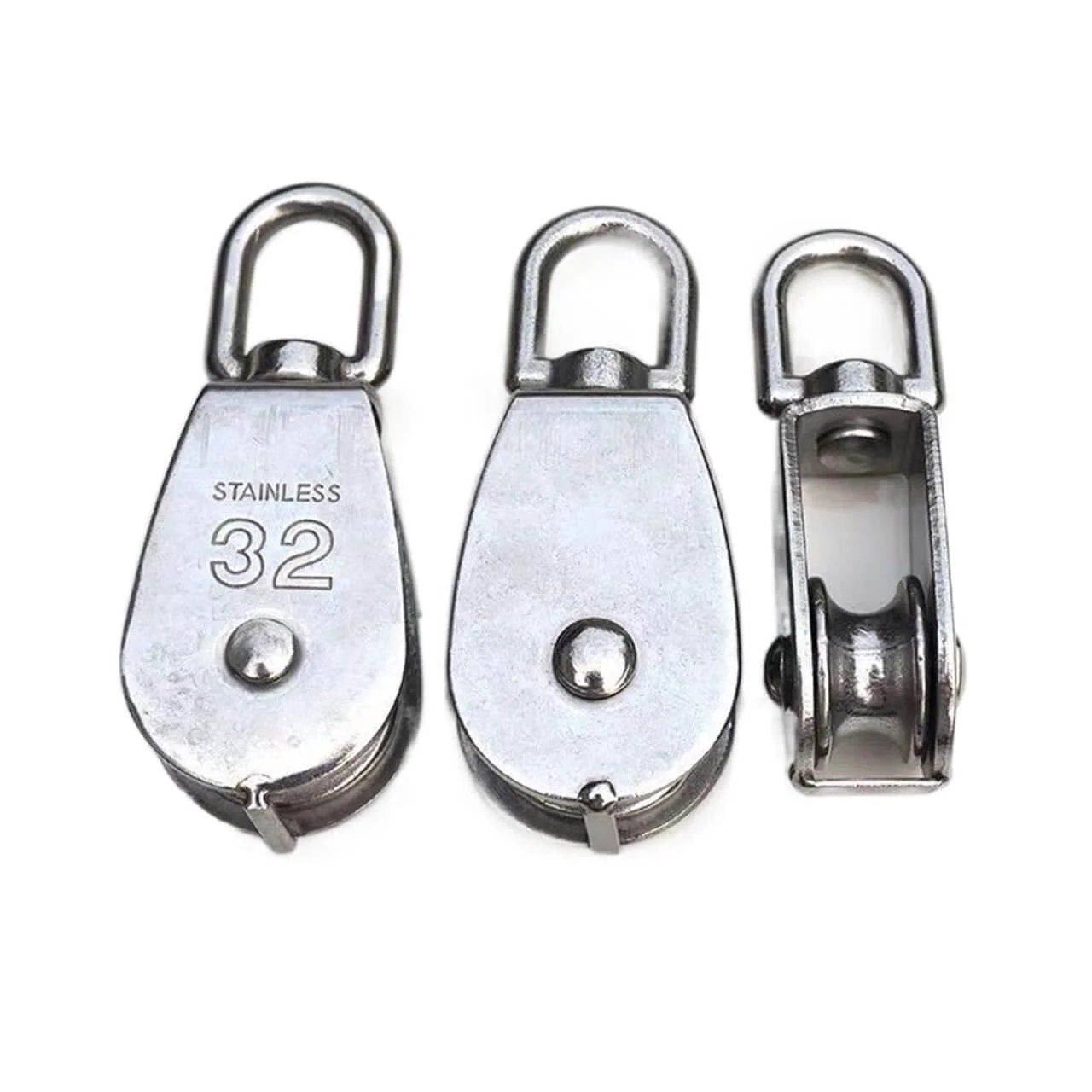 Three M20 Cable Single Pulley Block Stainless Steel Hanging Wire Towing Lifting Rope Wheel Marine Boat Pulley Blocks shown.