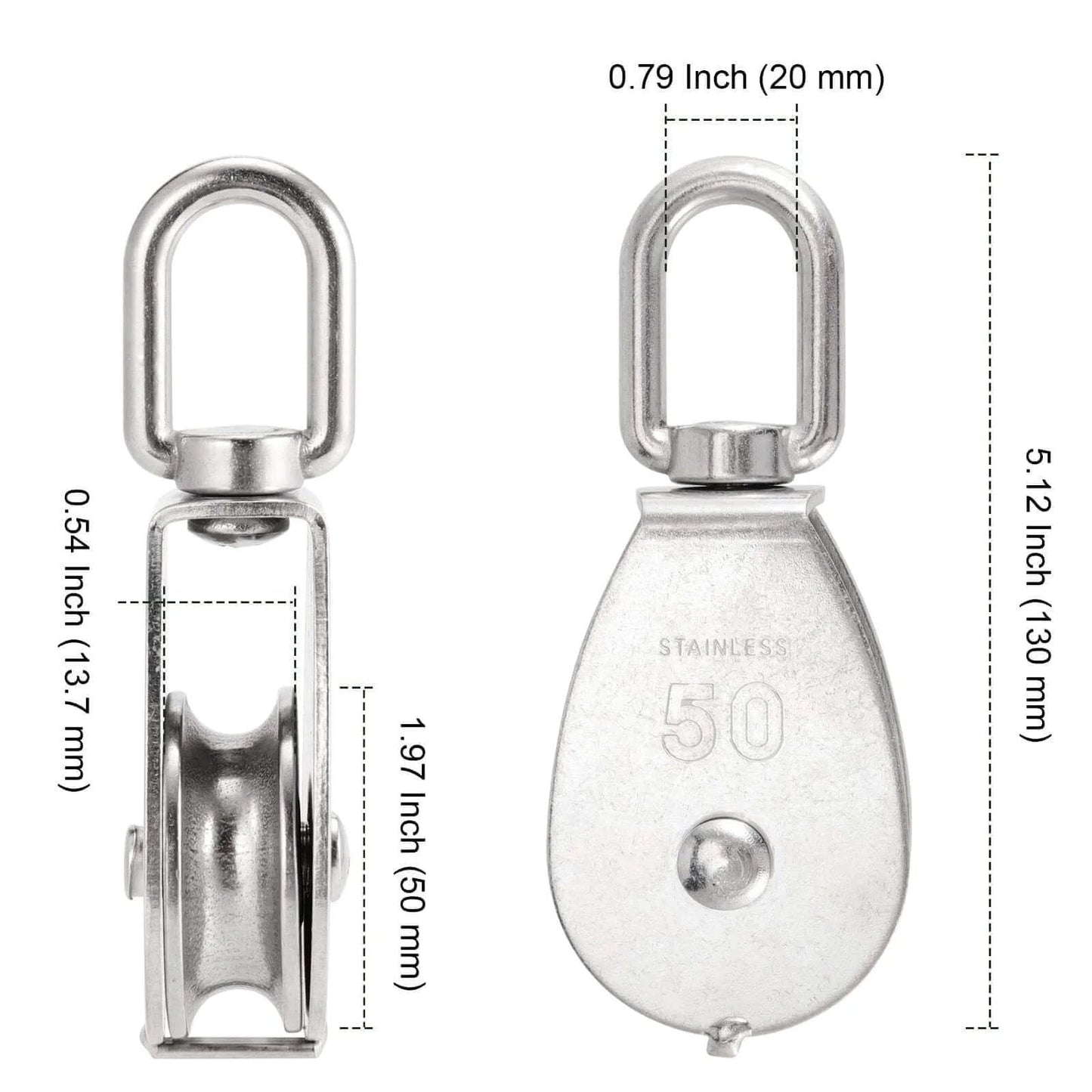 Front and side view of 6 Pack M50 Single Pulley Block, 304 Stainless Steel Lifting Wire Crane Pulley Roller with dimensions, 880 Lbs load