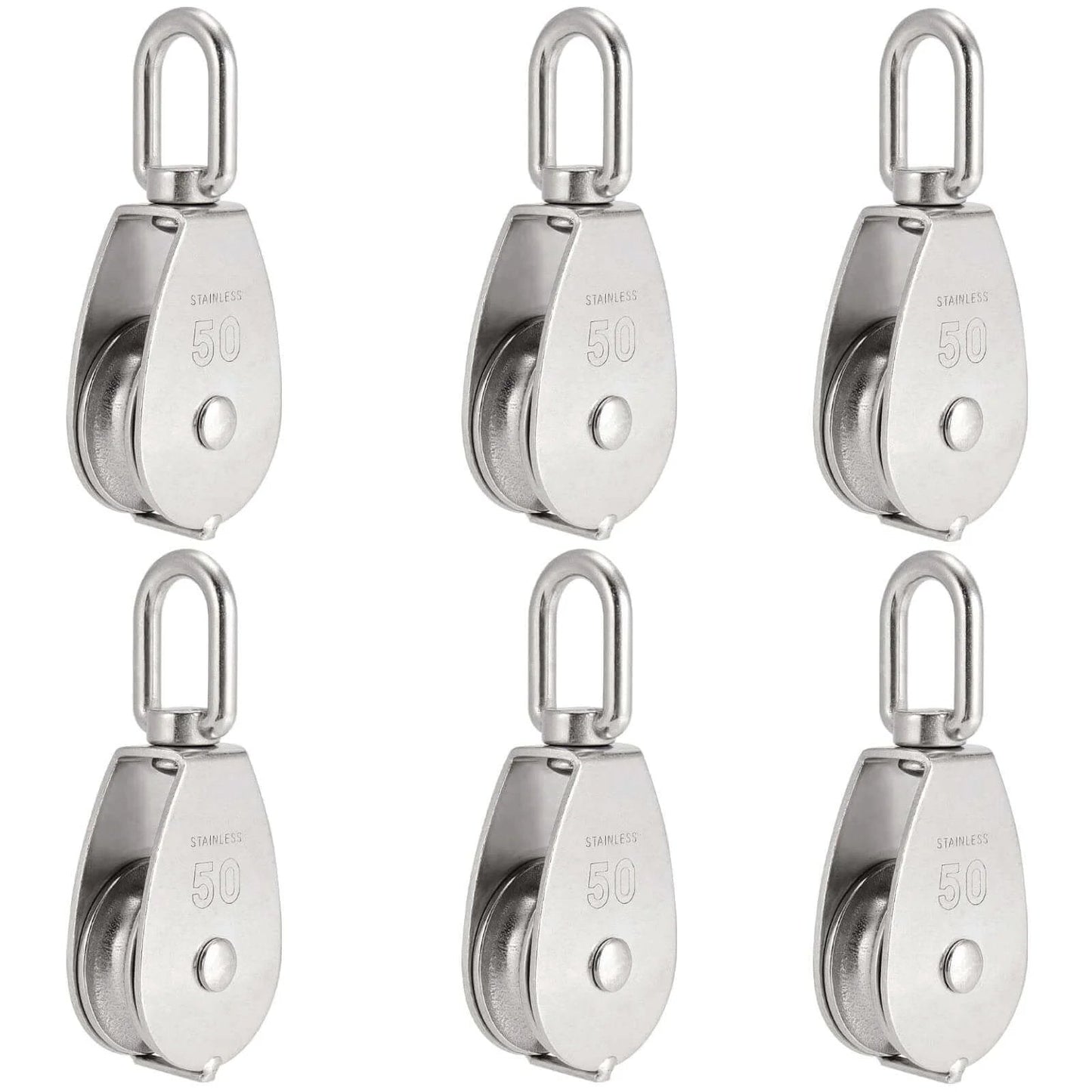 6 Pack M50 Single Pulley Block, 304 Stainless Steel Lifting Wire Crane Pulley Roller, Heavy Duty Silver Swivel Hook Single Pulley Block for 0.5 in Wire Rope, Loading 880 Lbs, front view