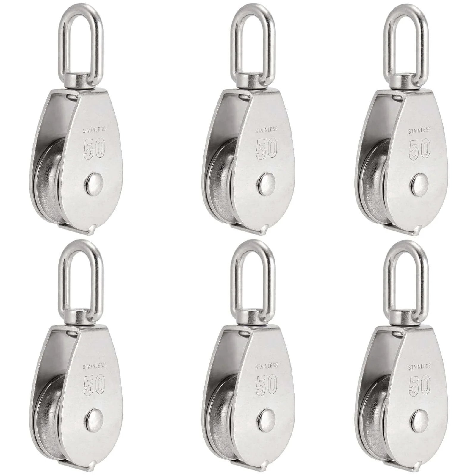 6 Pack M50 Single Pulley Block, 304 Stainless Steel Lifting Wire Crane Pulley Roller, Heavy Duty Silver Swivel Hook Single Pulley Block for 0.5 in Wire Rope, Loading 880 Lbs, front view