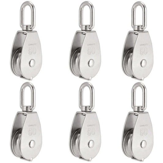 6 Pack M50 Single Pulley Block, 304 Stainless Steel Lifting Wire Crane Pulley Roller, Heavy Duty Silver Swivel Hook Single Pulley Block for 0.5 in Wire Rope, Loading 880 Lbs, front view