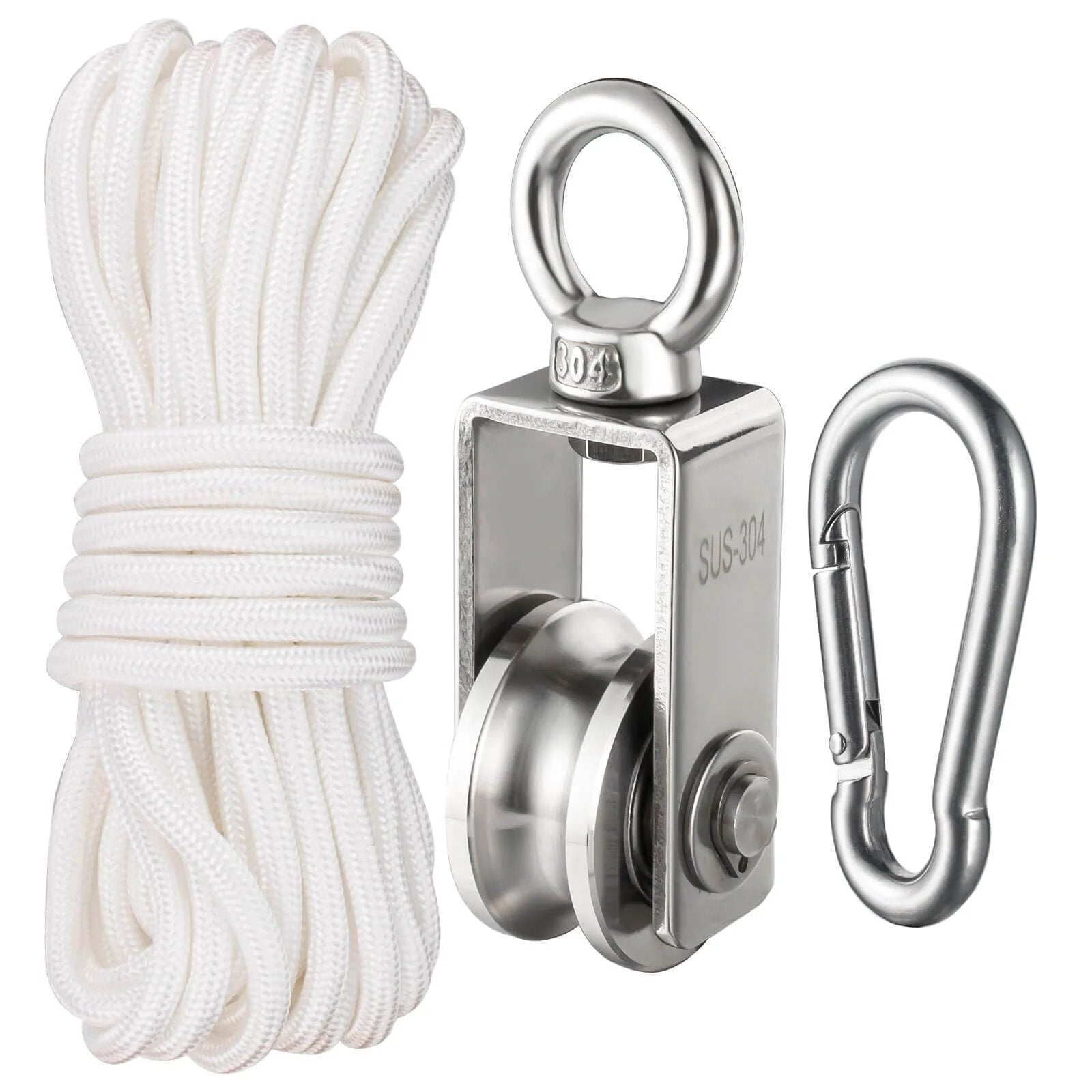 ✝️ Cable Pulley Block Heavy Duty Stainless Steel, Bearing Inside with 32ft Nylon Rope and 1 Hook,Swivel Single Pulley Wheel,Good for Pulley Lifing System,Loading 551lb heavy duty stainless pulley wheel for lifting and rigging systems with smooth