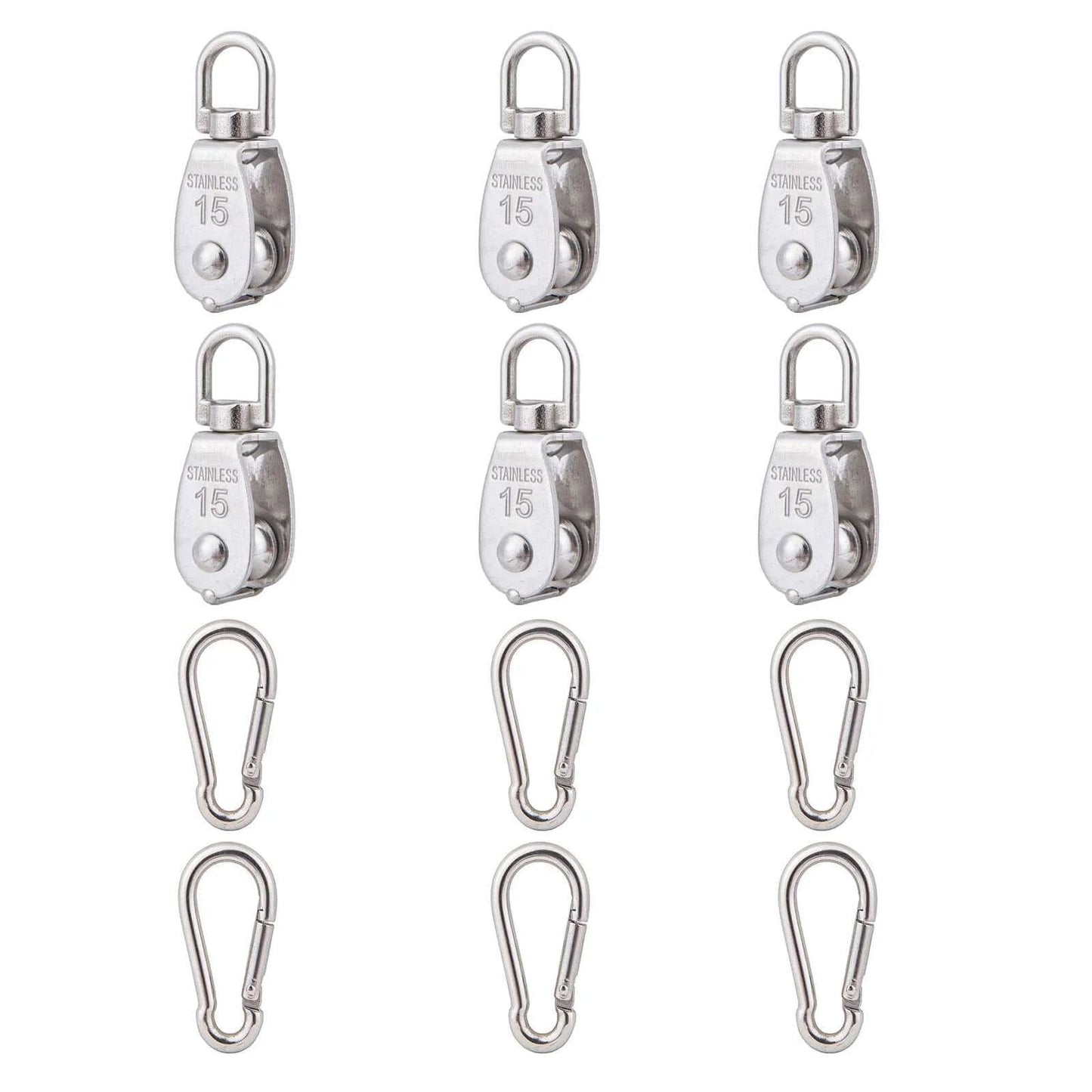 6Pcs 304 Stainless Steel M15 Single Pulley Block, Wire Rope Hanging Wire Towing Wheel, with 6Pcs Spring Snap Hook set