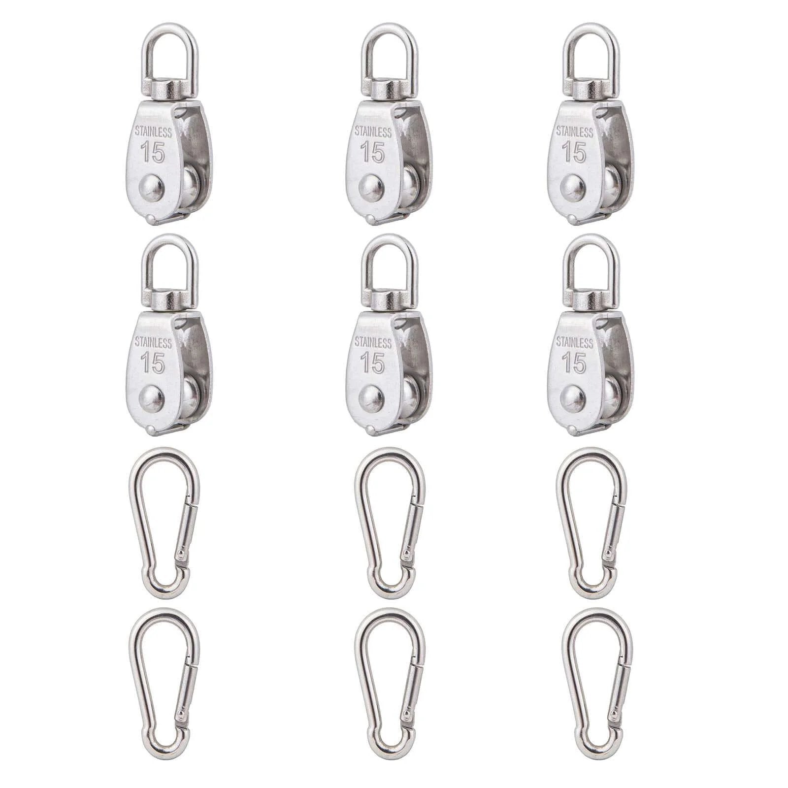 6Pcs 304 Stainless Steel M15 Single Pulley Block, Wire Rope Hanging Wire Towing Wheel, with 6Pcs Spring Snap Hook set