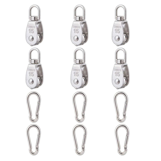 6Pcs 304 Stainless Steel M15 Single Pulley Block, Wire Rope Hanging Wire Towing Wheel, with 6Pcs Spring Snap Hook set