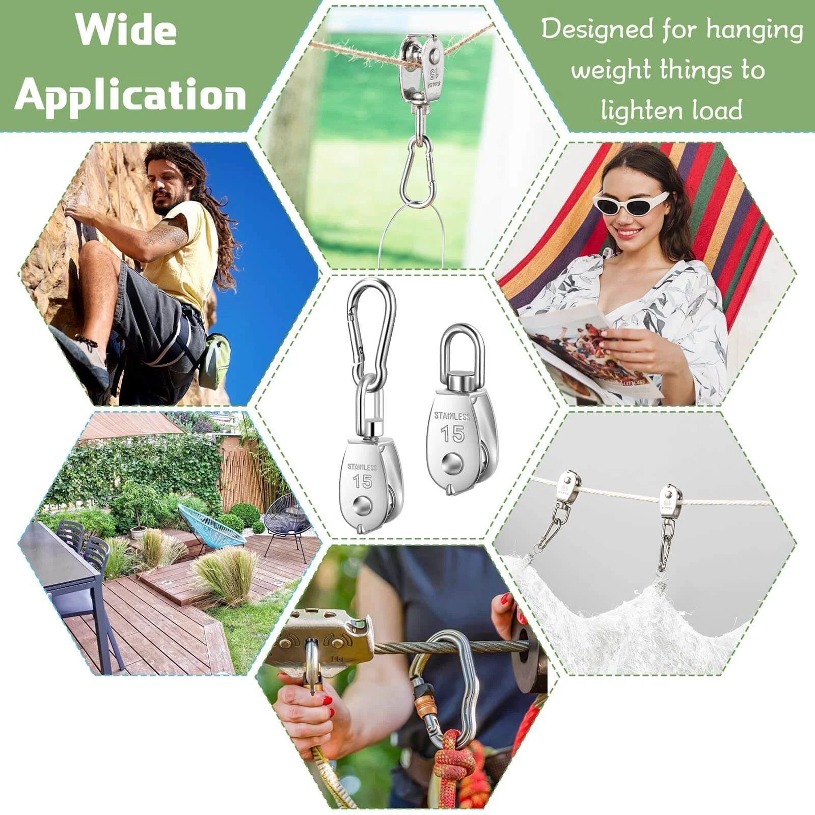 Collage of various uses for 30 Pcs Single Pulley Block System 304 Stainless Steel Pulley Wheel with Snap Hook