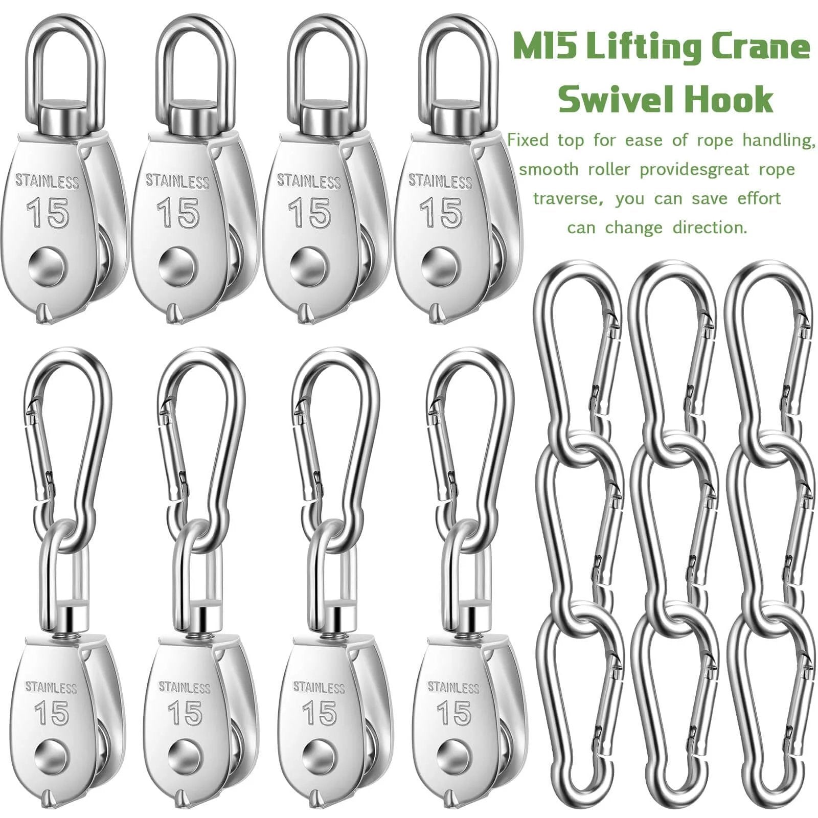 30 Pcs Single Pulley Block System 304 Stainless Steel Pulley Wheel Hanging Wire Towing Wheel with 30 Pcs Spring Snap Hook