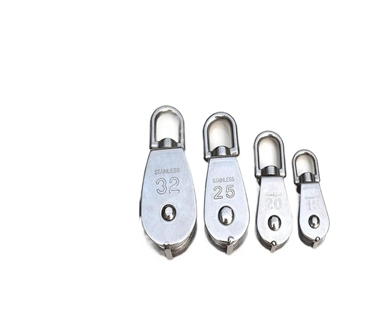 M15 stainless steel double-sheave pulley block with swivel top for rope & cord systems, multiple sizes shown