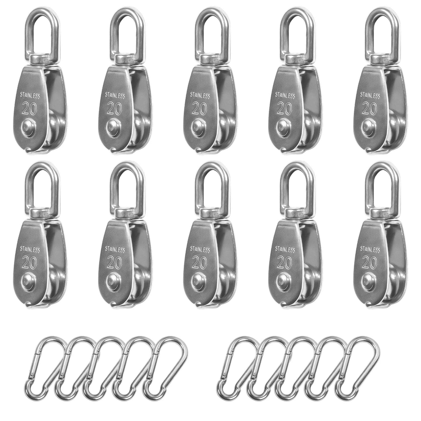 10 Pcs M20 Single Pulley Block 304 Stainless Steel M20 Pulleys for Rope, Small Single Pulley with 10Pcs Spring Snap Hook