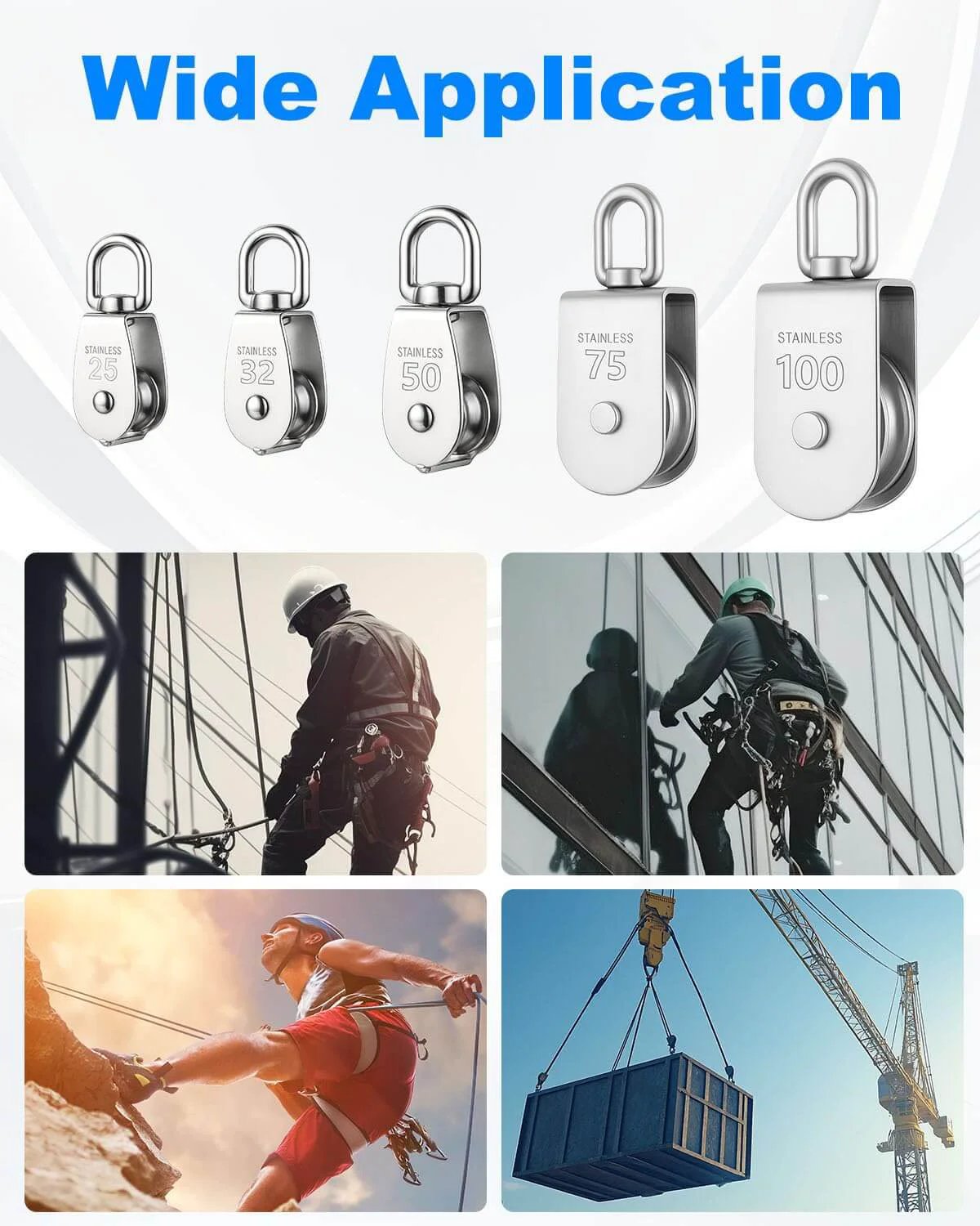 6 Pack M32 Stainless Steel Wire Rope Crane Pulley Block 551lbs Lifting Crane Swivel Hook displayed with applications