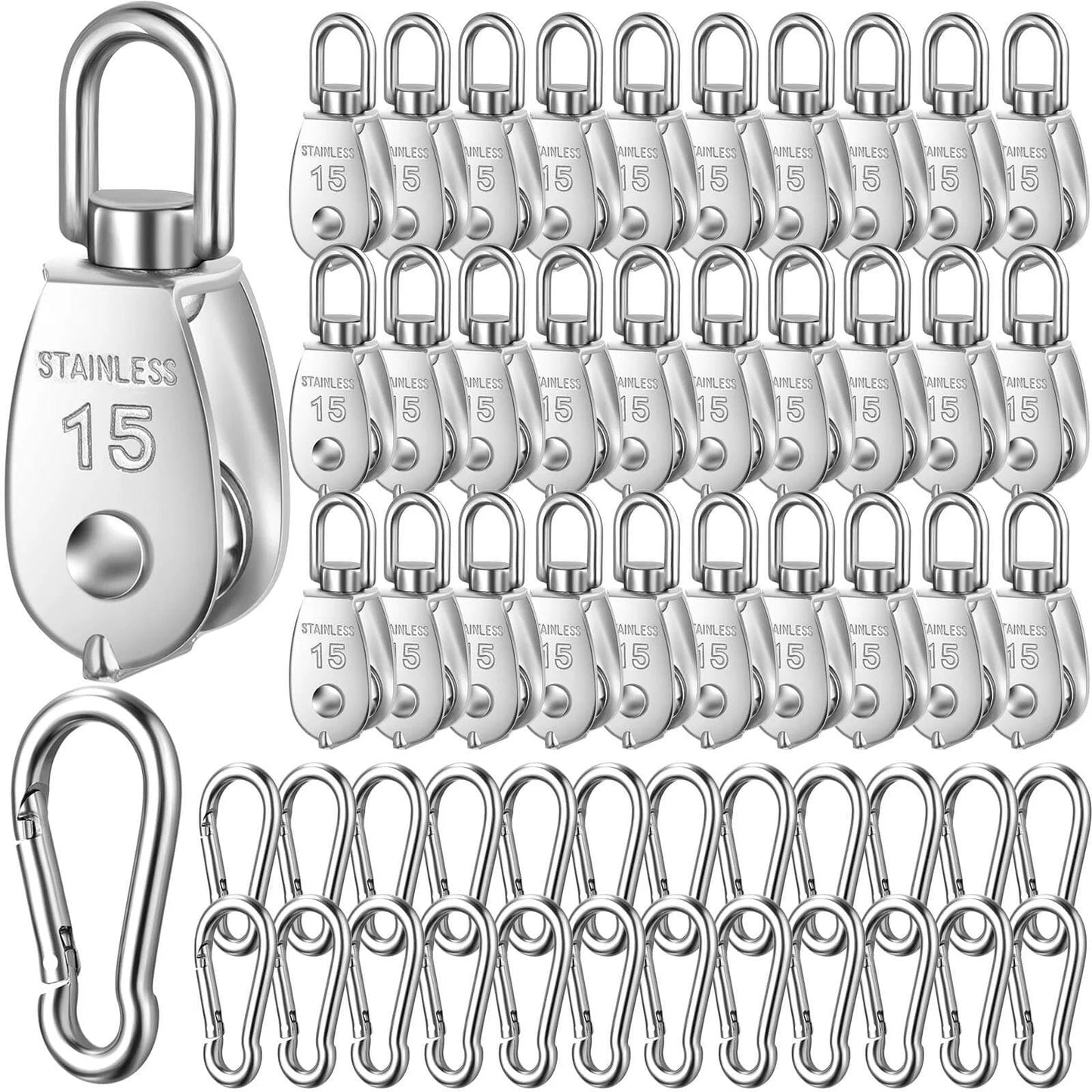 30 Pcs Single Pulley Block System 304 Stainless Steel Pulley Wheel Hanging Wire Towing Wheel with 30 Pcs Spring Snap Hook
