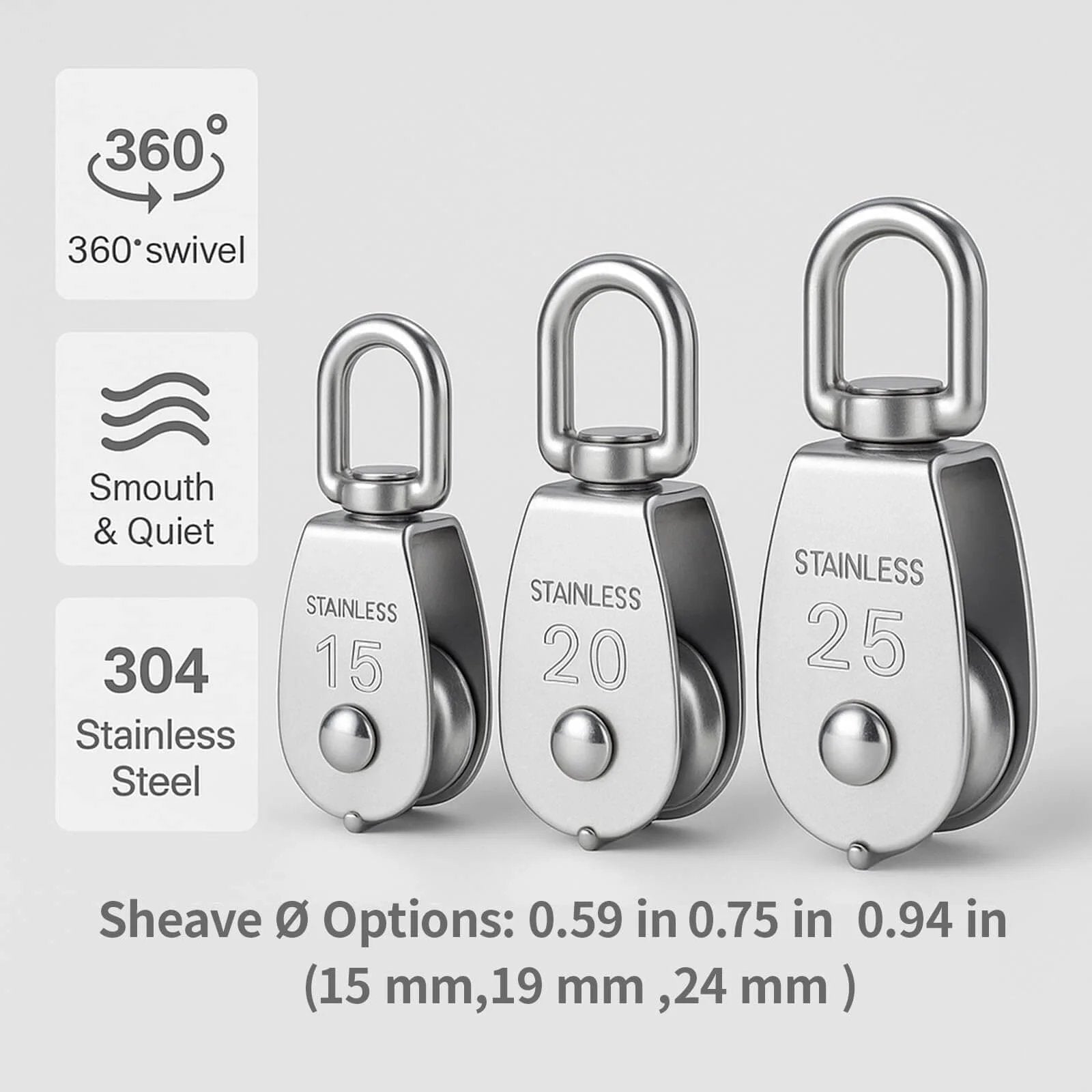 Three stainless steel swivel pulley blocks, sizes 15, 20, 25, with 360° swivel and smooth operation, available in various wheel options.