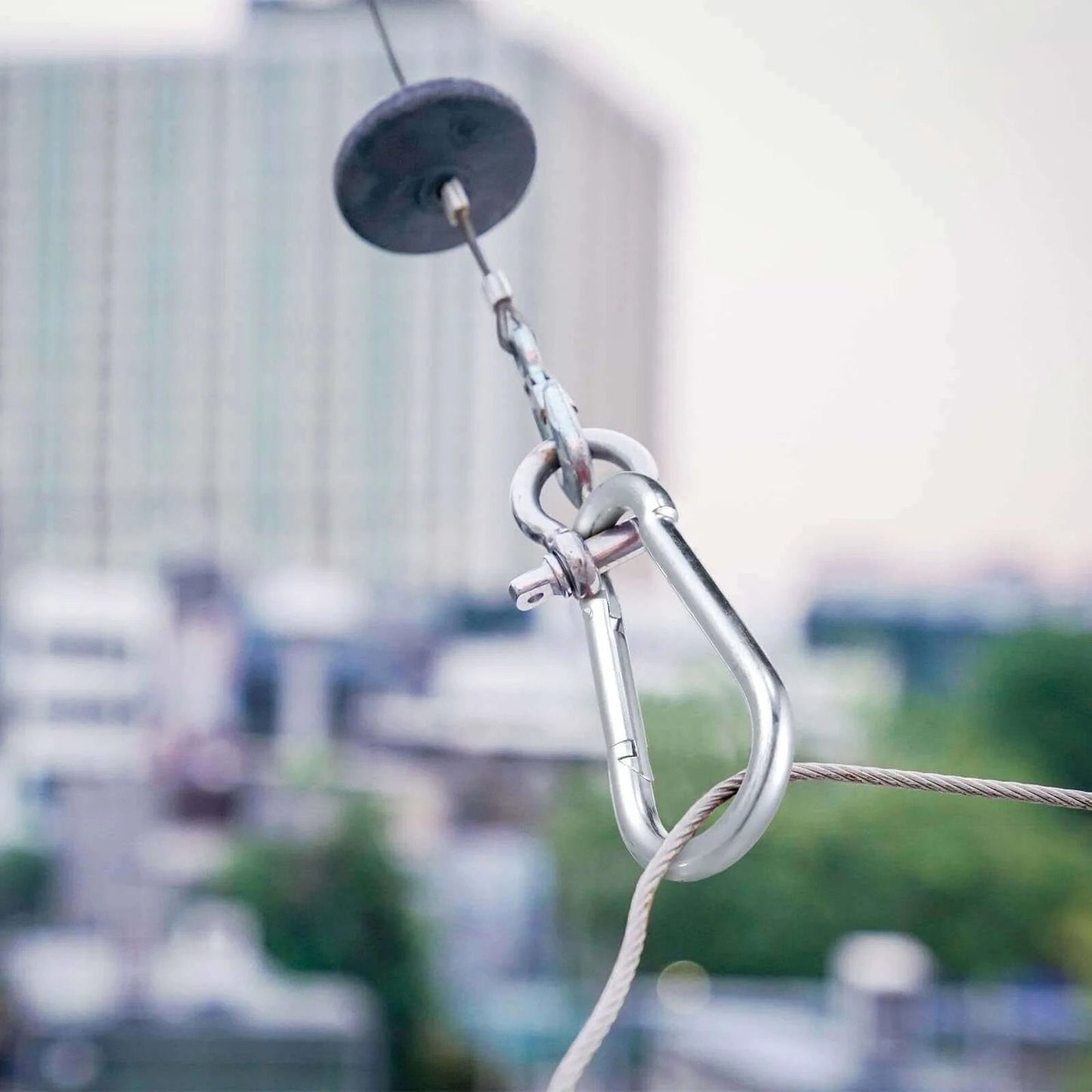 Pulley Block System Set, M20 Pulley Wheel Stainless Steel with 66ft Nylon Rope and Hooks installed outdoors