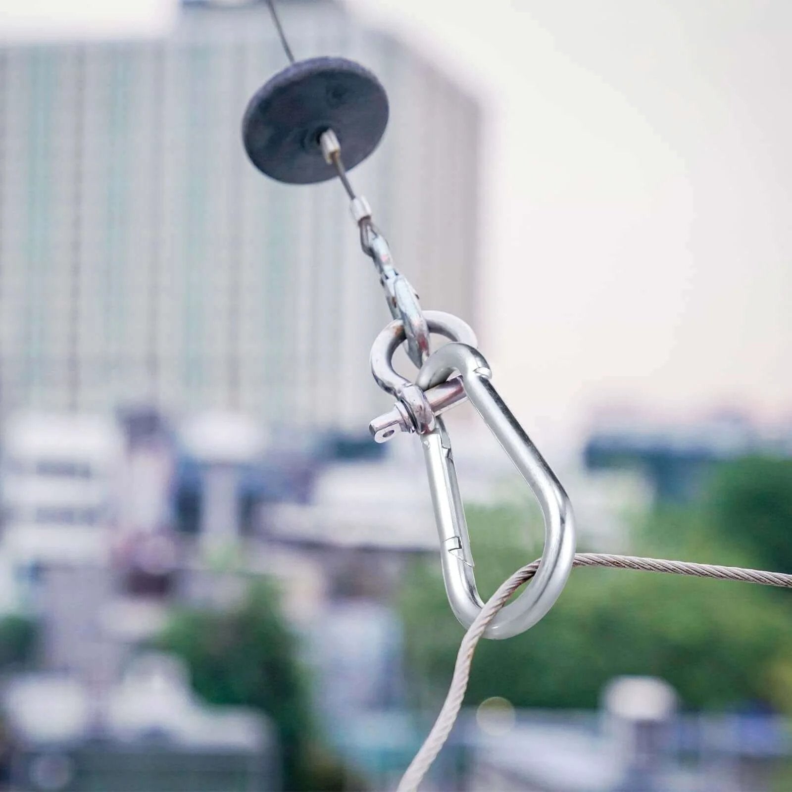Pulley Block System Set, M20 Pulley Wheel Stainless Steel with 66ft Nylon Rope and Hooks installed outdoors
