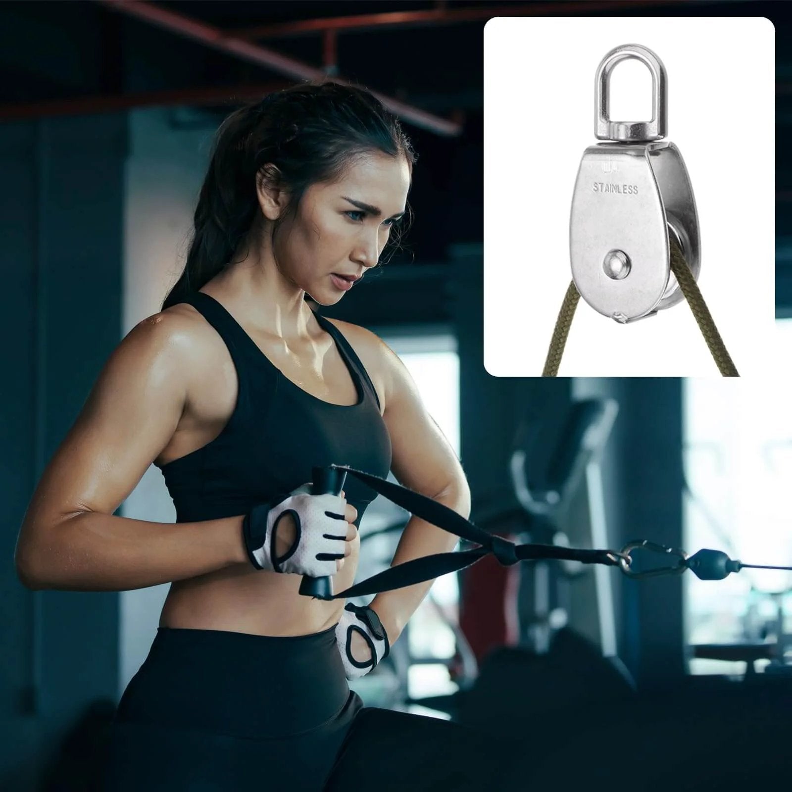 Person exercising with gym equipment and inset of 6pcs M20 Double Pulley Block, Stainless Steel Swivel Rigging Lifting Wheel Fixed Pulley