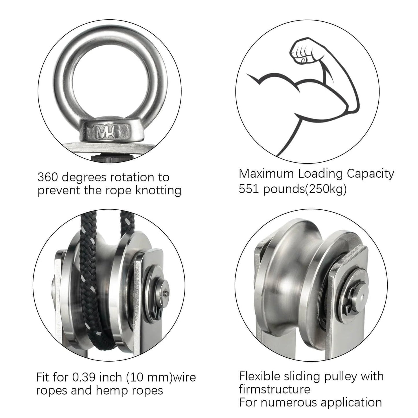 Cable Pulley Wheel Stainless Steel, Bearing Inside, Rope Pulley for Pulley System, Gym Equipment, Clothesline, 2 Pack shown in detailed views