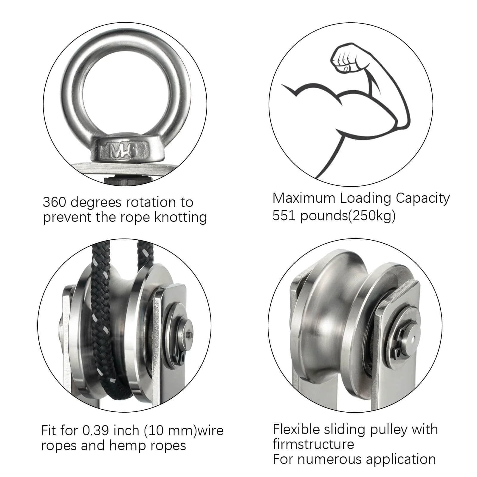 Cable Pulley Wheel Stainless Steel, Bearing Inside, Rope Pulley for Pulley System, Gym Equipment, Clothesline, 2 Pack shown in detailed views