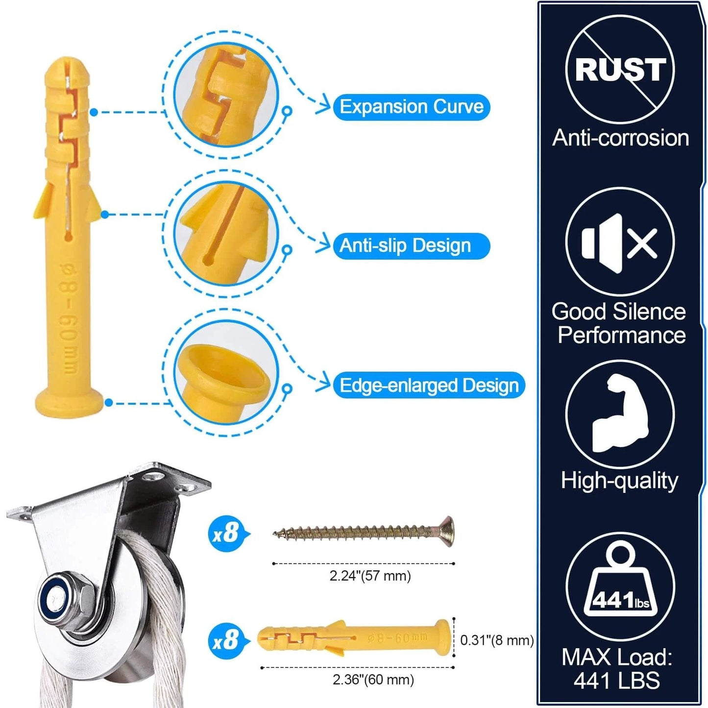 ✝️ Groove Pulley Wheel with yellow expansion plugs, anti-slip, edge-enlarged design, and screws. Supports 441 lbs for rope systems.