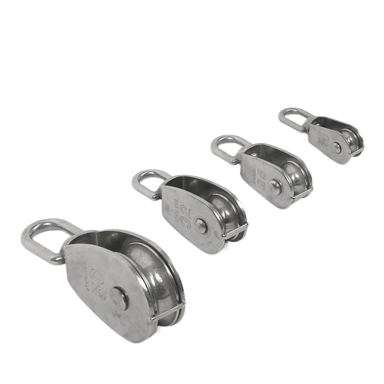 Four Stainless Steel Pulley M15 Single Wheel Swivel Lifting Rope Pulley Set Lifting Wheel Tools(M15) in different sizes, side view.