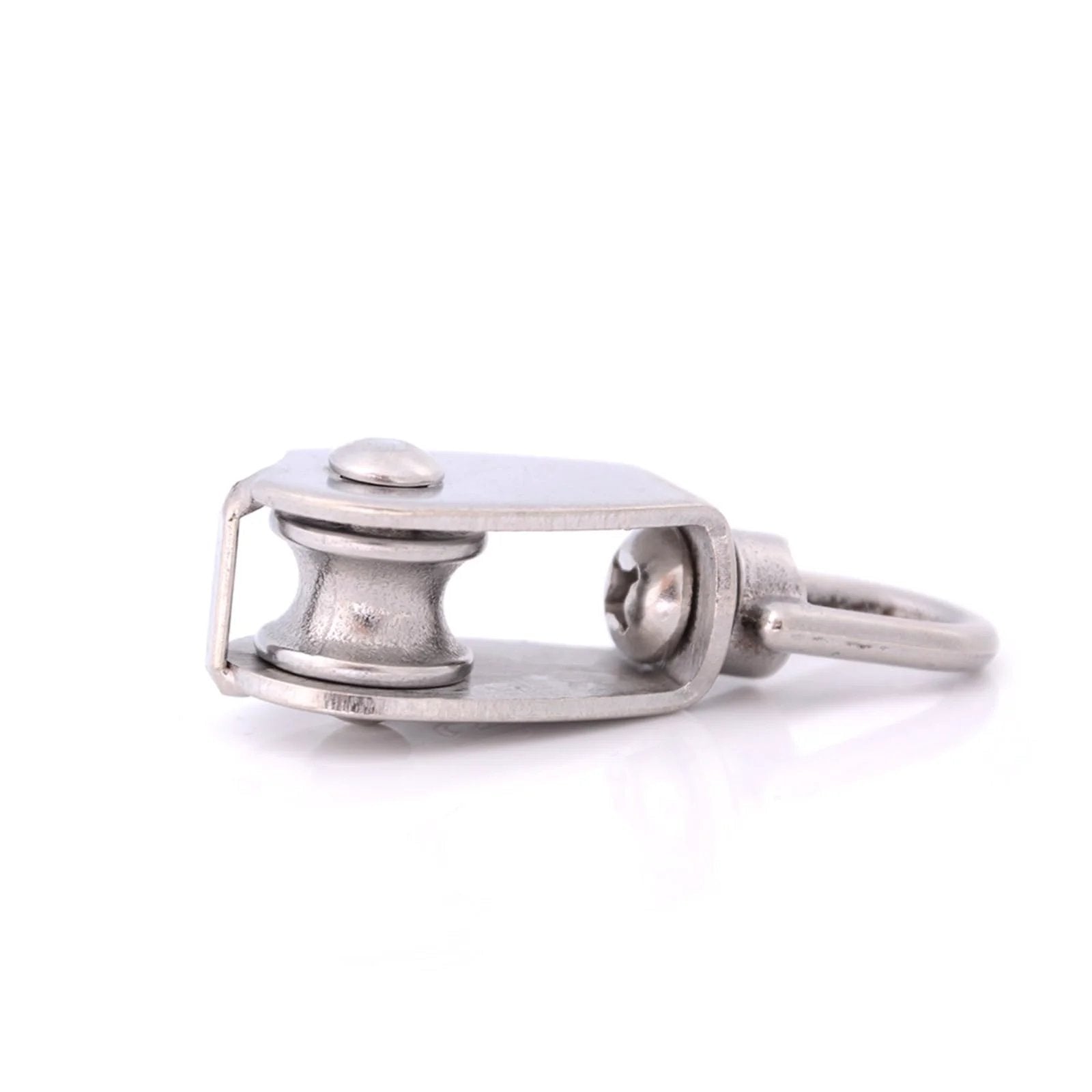 Close-up view of Wire Rope Lifting Rope Pulley Stainless Steel M15 Wheel Swivel Pulley Block for Hanging Weight Things to Lighten Load.