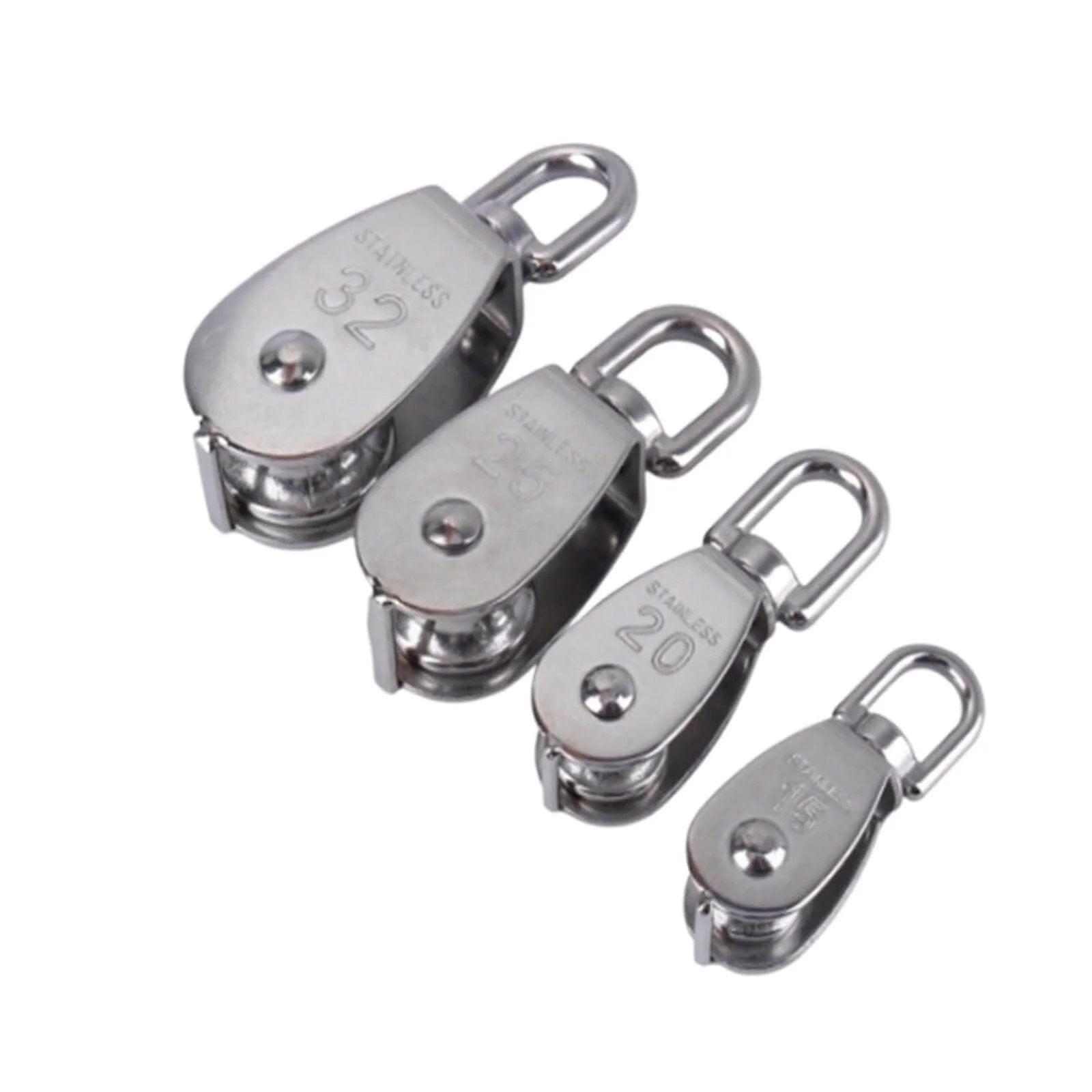 Assorted sizes of stainless steel M15 single wheel swivel pulleys for lifting, showing different dimensions and design features.