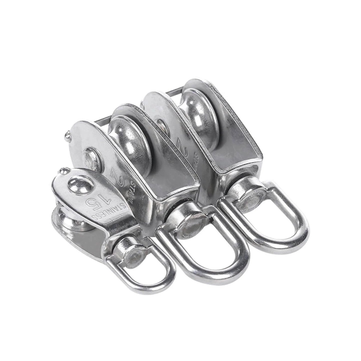 Stainless Steel Pulley M15 Single Wheel Swivel Lifting Rope Pulley Set shown in a side view, featuring the durable steel construction.
