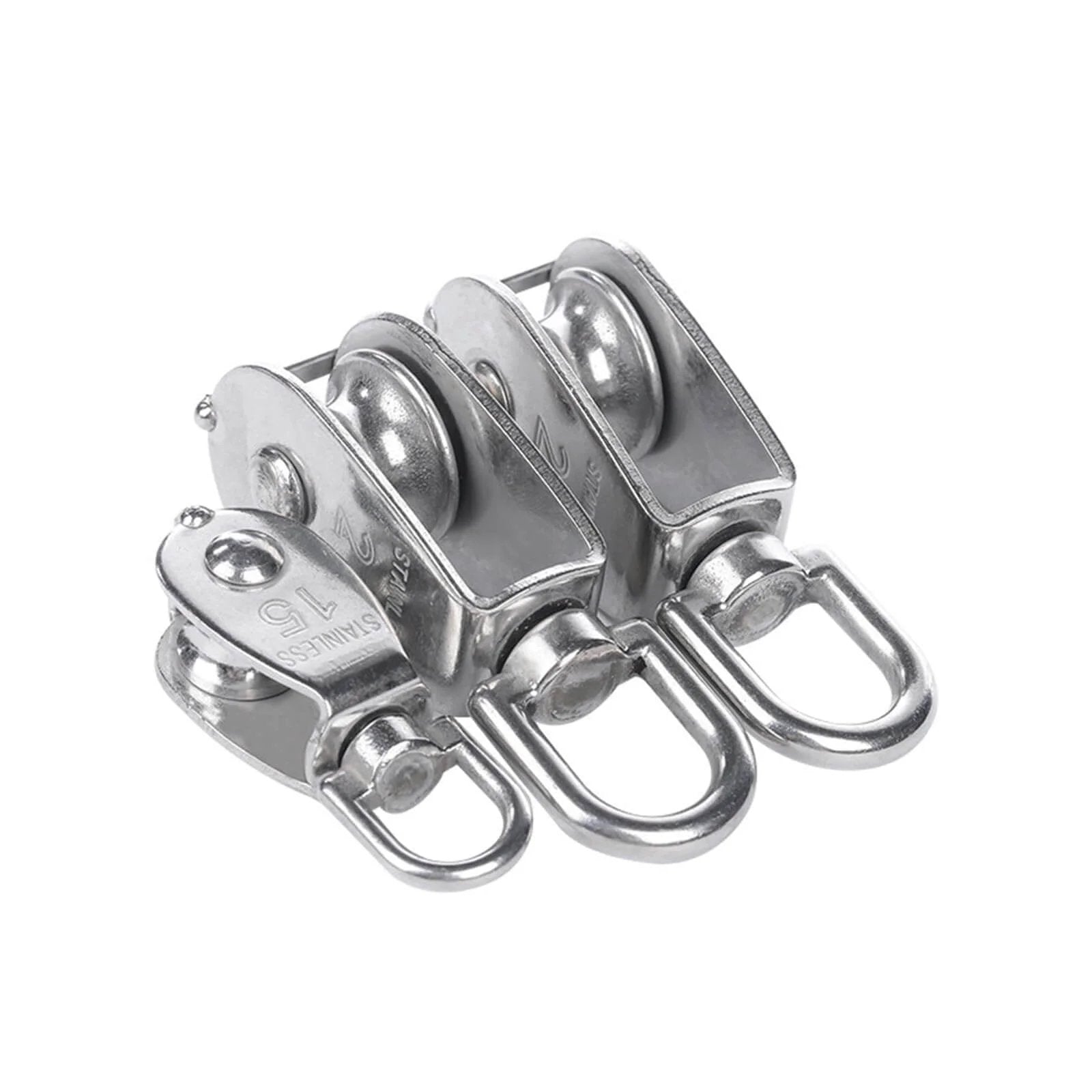 Stainless Steel Pulley M15 Single Wheel Swivel Lifting Rope Pulley Set shown in a side view, featuring the durable steel construction.