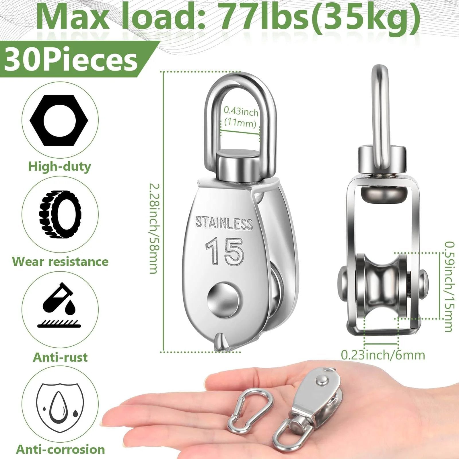 30 Pcs Single Pulley Block System 304 Stainless Steel Pulley Wheel Hanging Wire Towing Wheel with 30 Pcs Spring Snap Hook, Lifting Wire Rope Single Swivel Roller, Silver(M15) displayed with dimensions and features