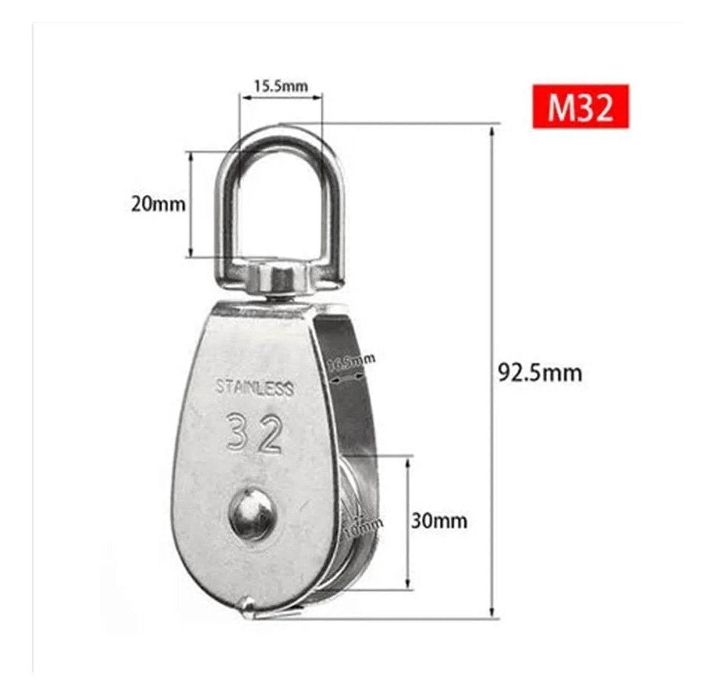 Stainless Steel Pulley M32 Single Wheel Swivel Lifting Rope Pulley Set Lifting Wheel Tools(M32) with dimensions