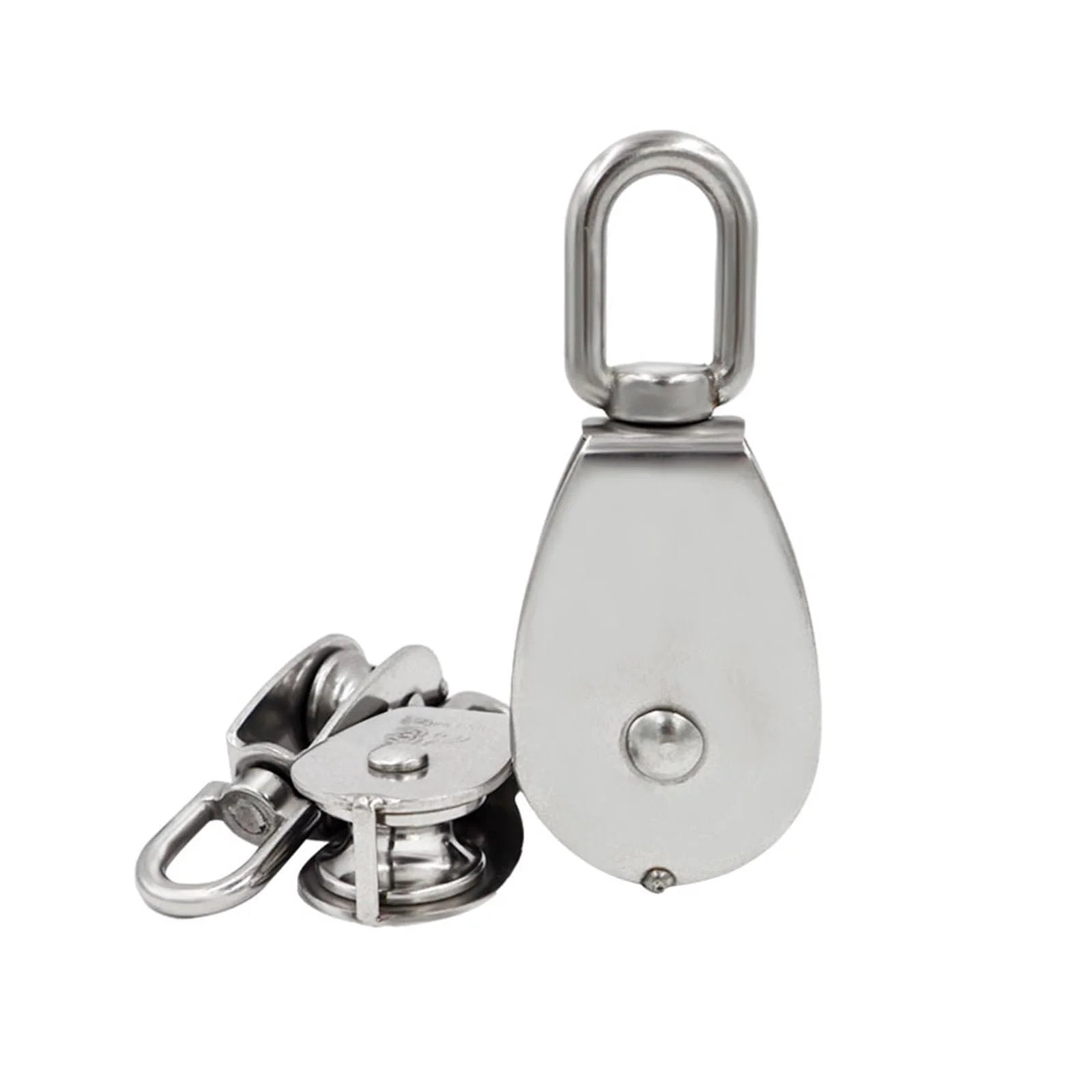 Stainless Steel Pulley M32 Single Wheel Swivel Lifting Rope Pulley Set with 360-degree swivel head, side and front view.