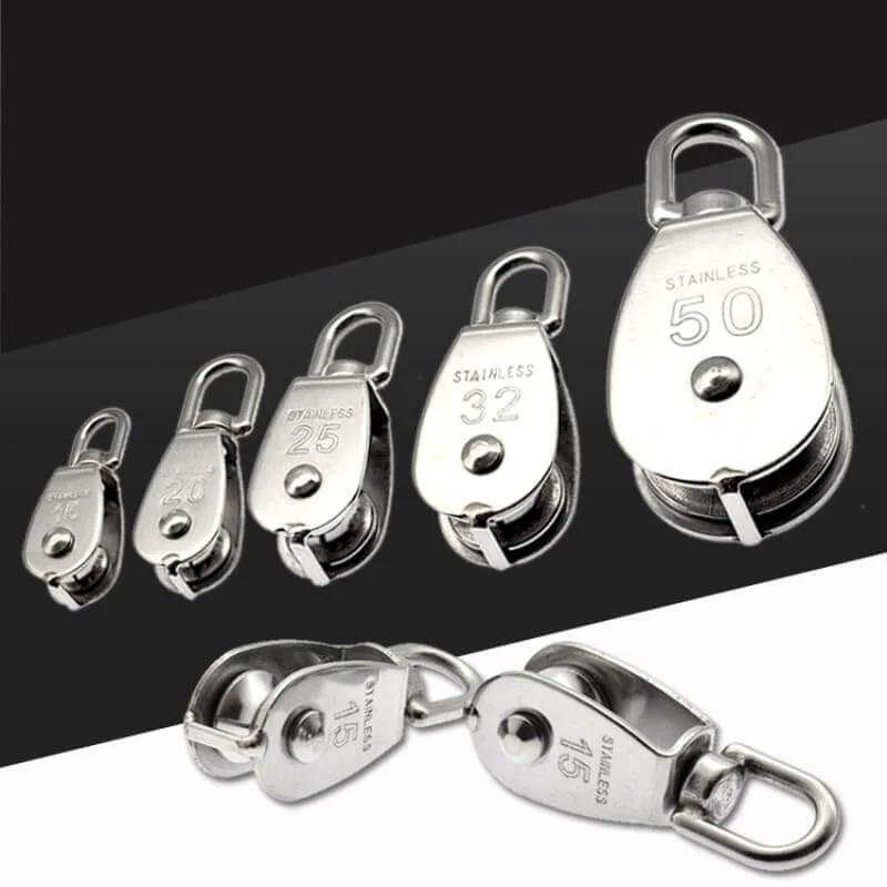 Stainless Steel Pulley M32 Single Wheel Swivel Lifting Rope Pulley Set Lifting Wheel Tools in various sizes on display