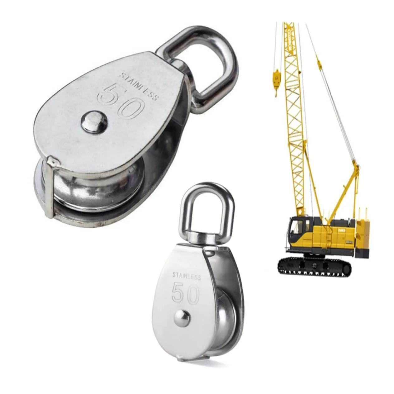 Stainless Steel Pully Roller Thick Rope Heavy Duty Pulley for Rebar Tie Wire with 25mm wheel, displayed with a crane in background.