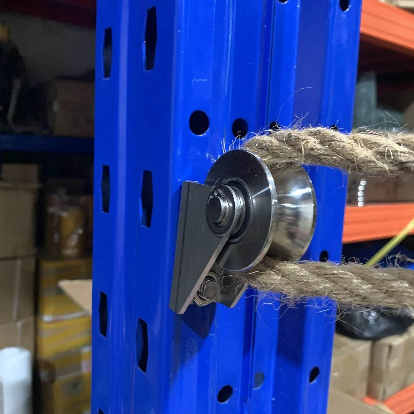 Detachable Oblique Stainless Steel U-Type Groove Sliding Wheel Roller Track Rail Fixed Pulley, Silver Tone in use on blue structure