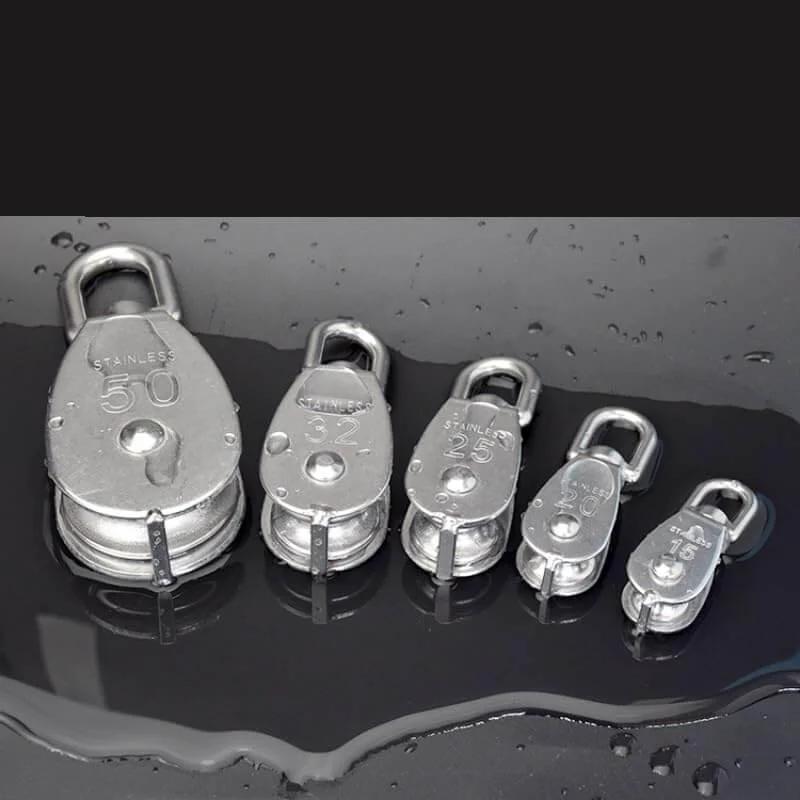 Stainless Steel Pulley M32 Single Wheel Swivel Lifting Rope Pulley Set lined up among other sizes.
