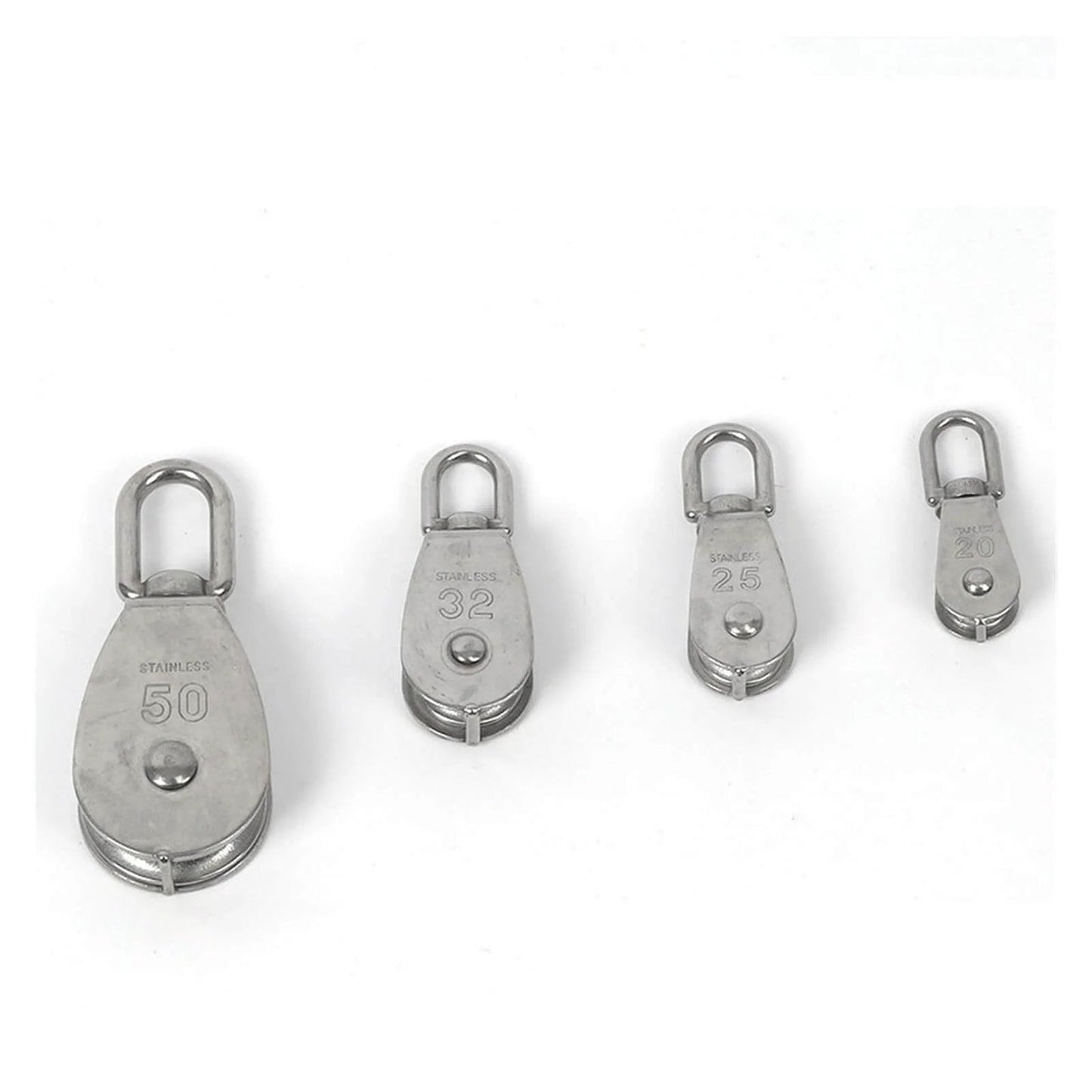 Four stainless steel pulleys of different sizes, including Stainless Steel Pulley M25 Single Wheel Swivel Lifting Rope Pulley Set