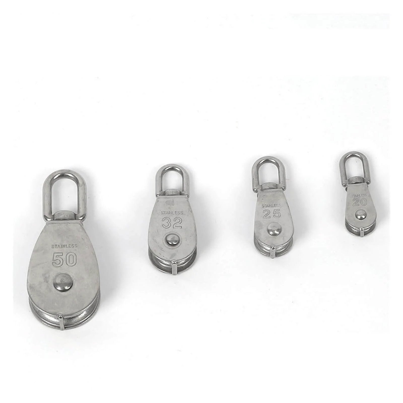 Four stainless steel pulleys of different sizes, including Stainless Steel Pulley M25 Single Wheel Swivel Lifting Rope Pulley Set