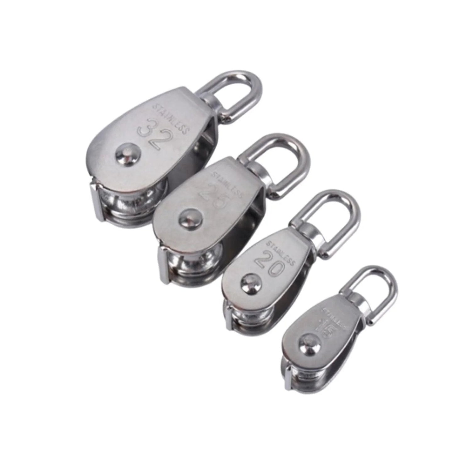 Stainless Steel Pulley M25 Single Wheel Swivel Lifting Rope Pulley Set Lifting Wheel Tools(M25) different sizes front view