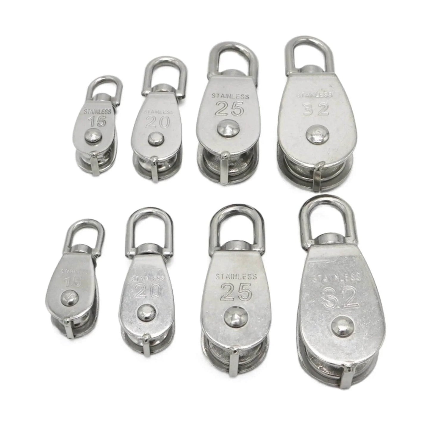 Assorted stainless steel pulleys including M20 Single Swivel Lifting 0.3" Rope Pulley Roller Block Sheave 0.03 Ton Timing Pulley(M20)