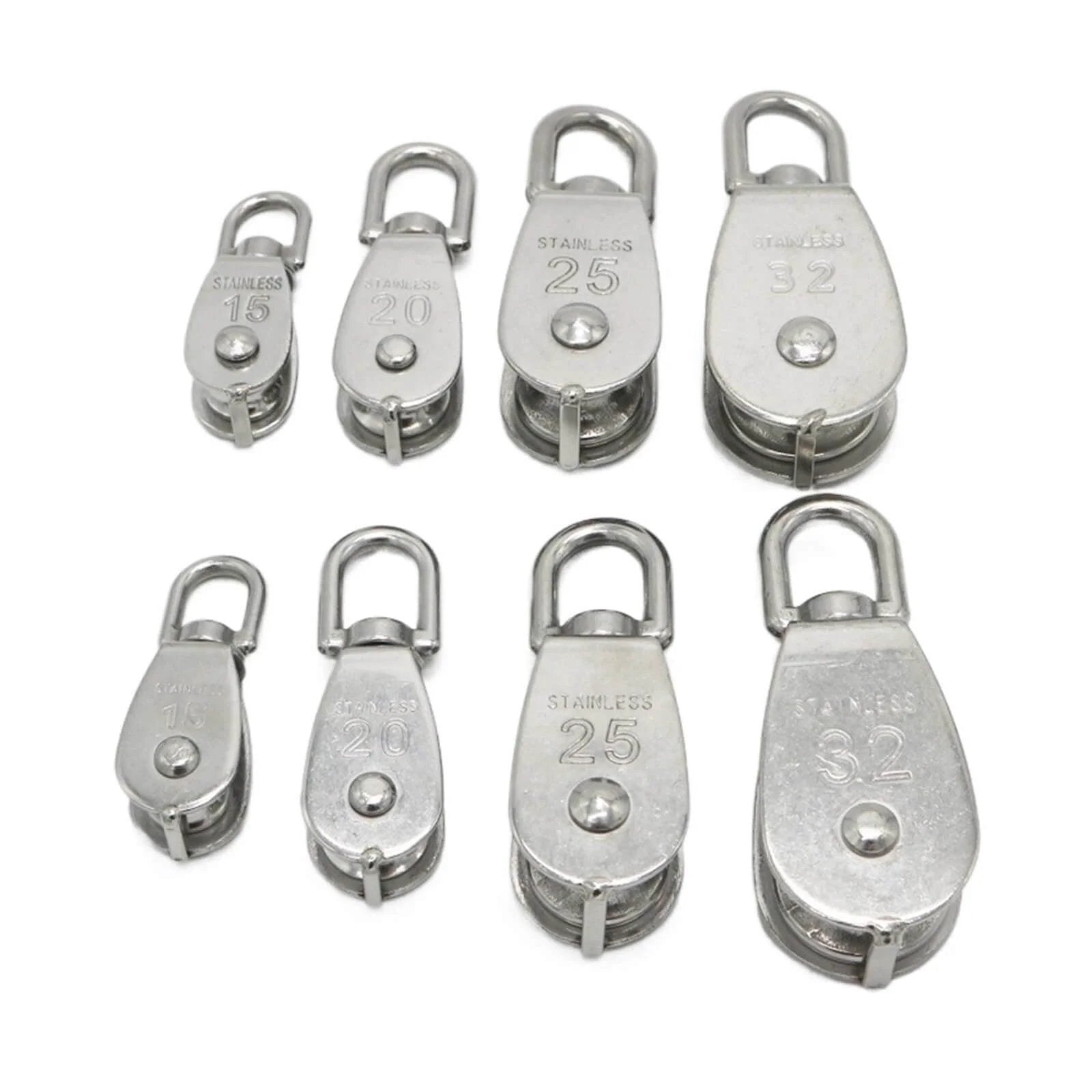 Assorted stainless steel pulleys including M20 Single Swivel Lifting 0.3" Rope Pulley Roller Block Sheave 0.03 Ton Timing Pulley(M20)